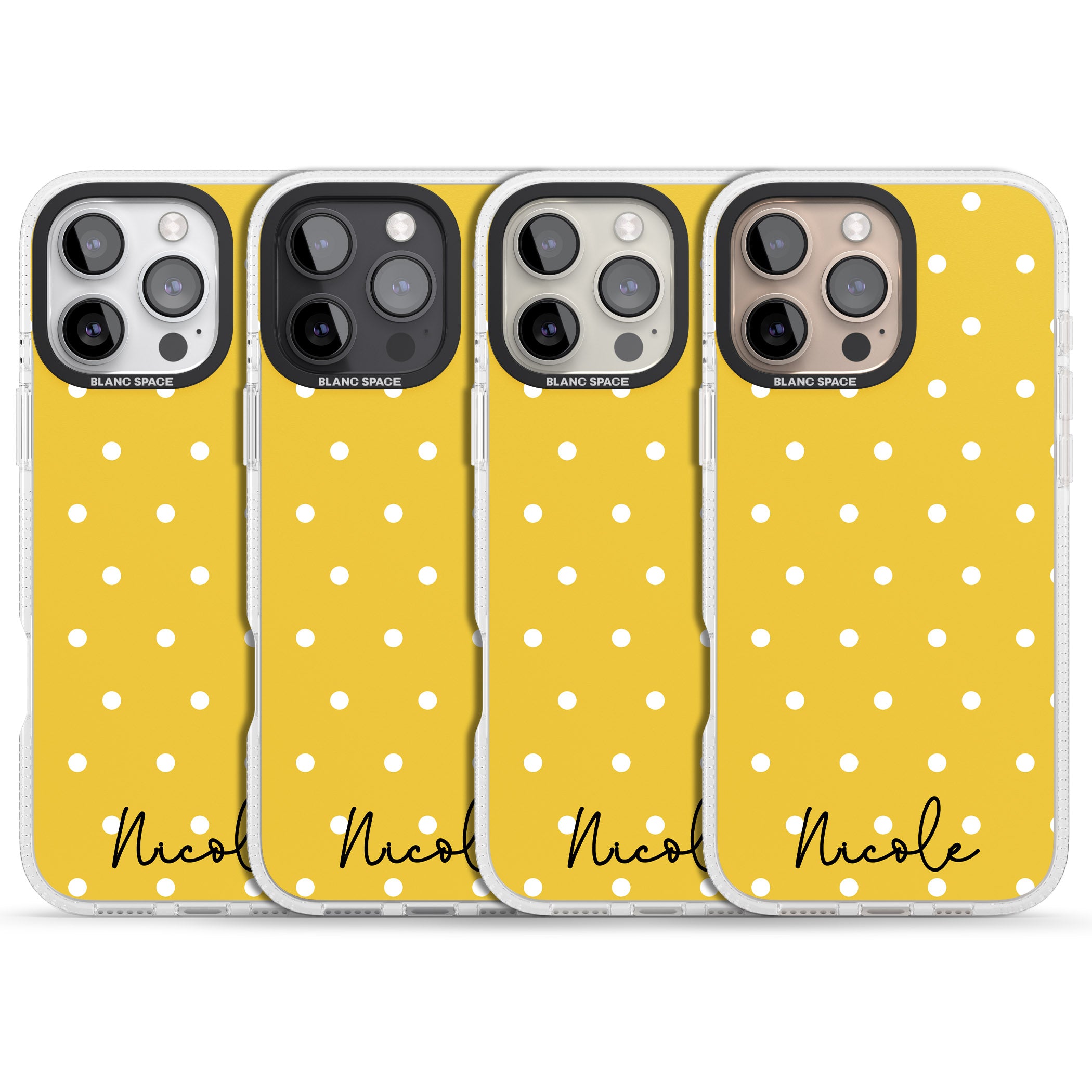 Personalised Yellow Polka Dot iPhone 16 Pro Max / 16 Pro Clear Case Impact Air - Blanc Space