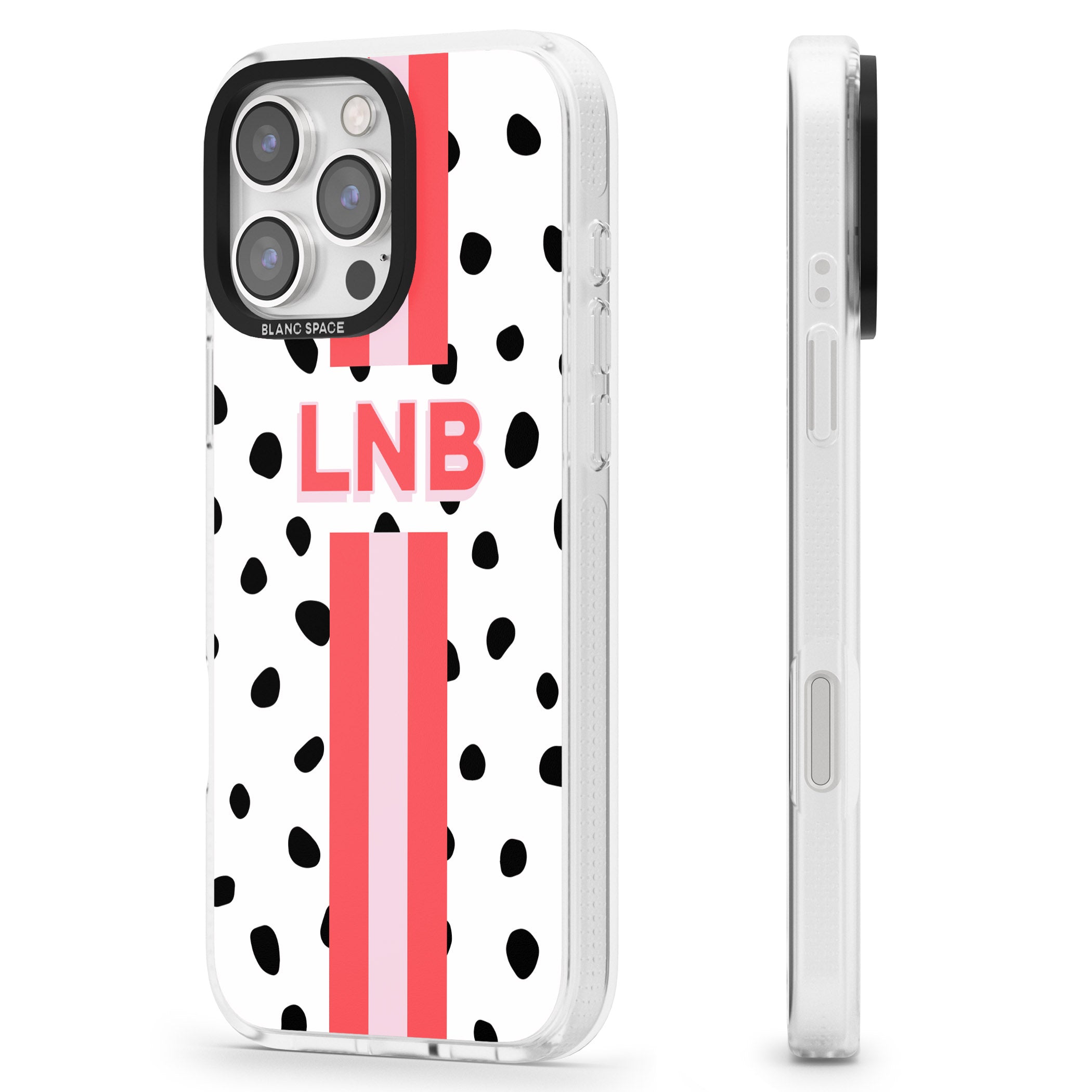 Personalised Polka & Pink Stripe iPhone 16 Pro Max / 16 Pro Clear Case Impact Air - Blanc Space