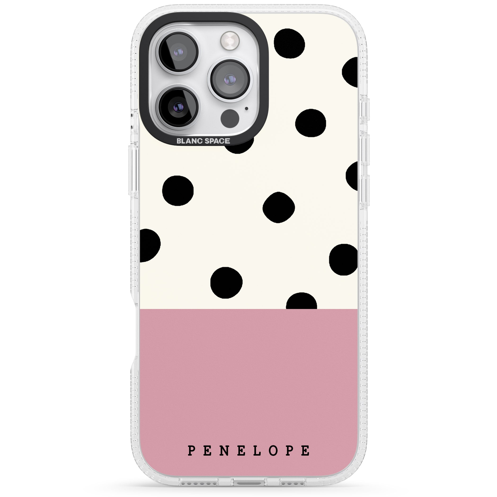 Personalised Pink Border Polka Dot iPhone 16 Pro Max / 16 Pro Clear Case Impact Air - Blanc Space