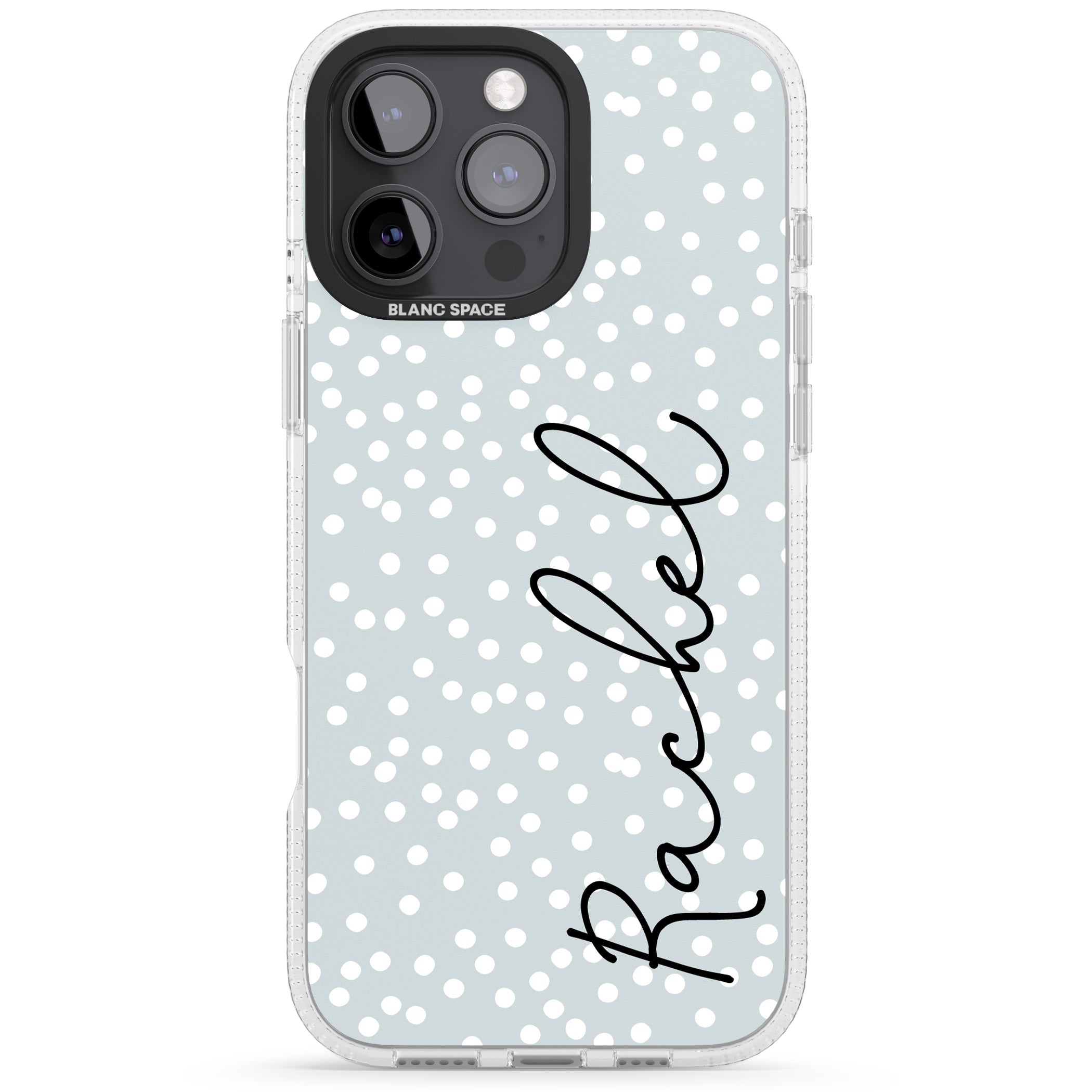 Personalised Vertical Cursive & Dots iPhone 16 Pro Max / 16 Pro Clear Case Impact Air - Blanc Space