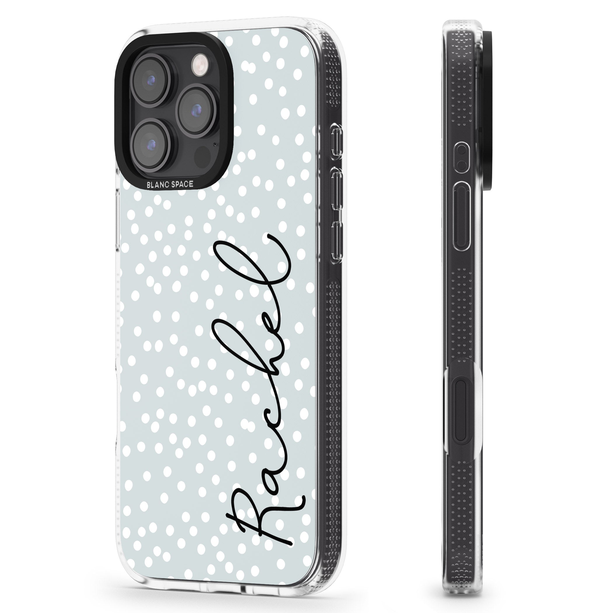 Personalised Vertical Cursive & Dots iPhone 16 Pro Max / 16 Pro Clear Case Impact Air - Blanc Space