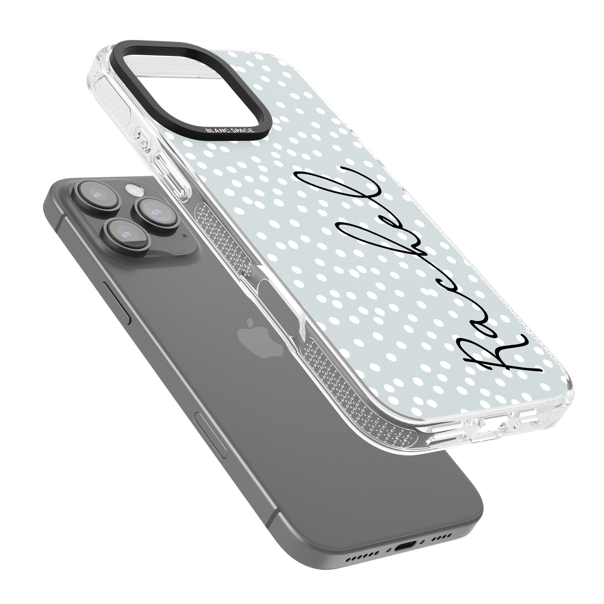 Personalised Vertical Cursive & Dots iPhone 16 Pro Max / 16 Pro Clear Case Impact Air - Blanc Space