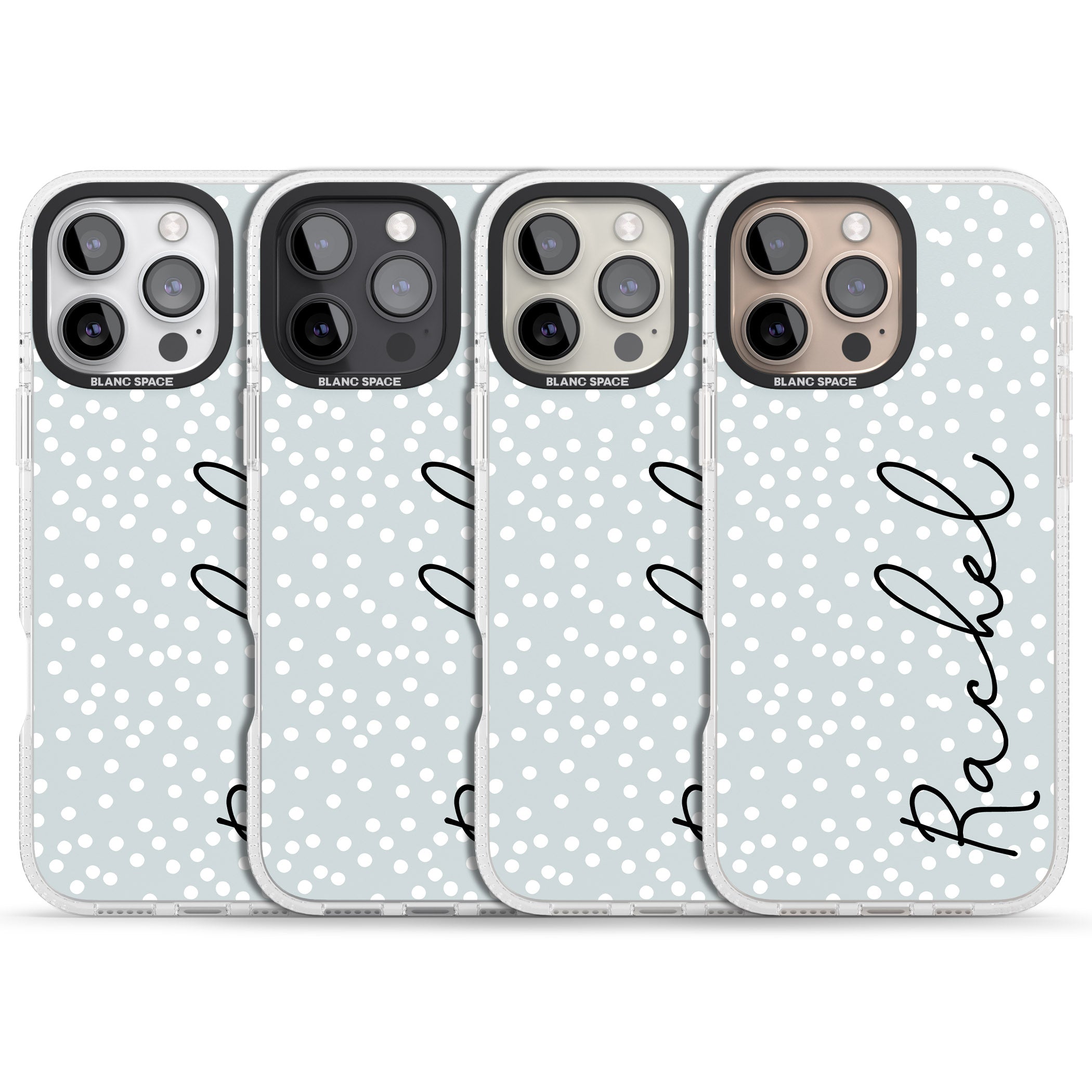 Personalised Vertical Cursive & Dots iPhone 16 Pro Max / 16 Pro Clear Case Impact Air - Blanc Space