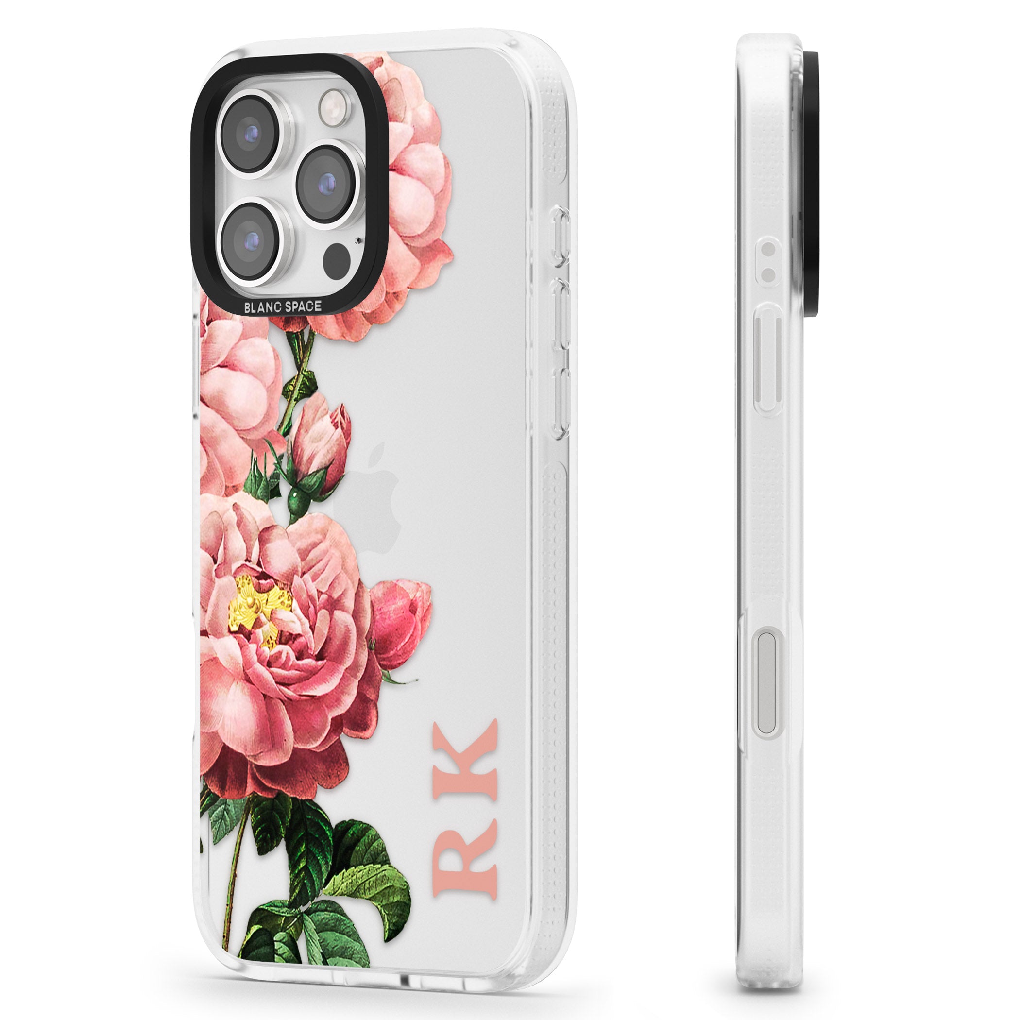 Personalised Clear Vintage Floral Pink Peonies iPhone 16 Pro Max / 16 Pro Clear Case Impact Air - Blanc Space