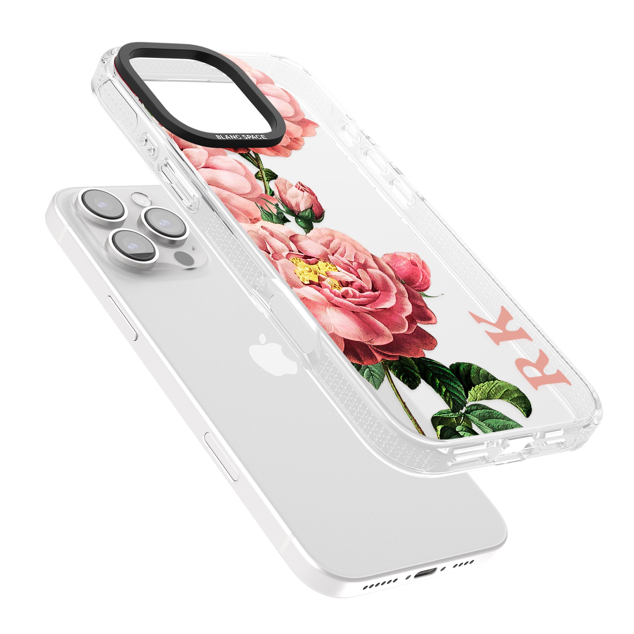 Personalised Clear Vintage Floral Pink Peonies iPhone 16 Pro Max / 16 Pro Clear Case Impact Air - Blanc Space