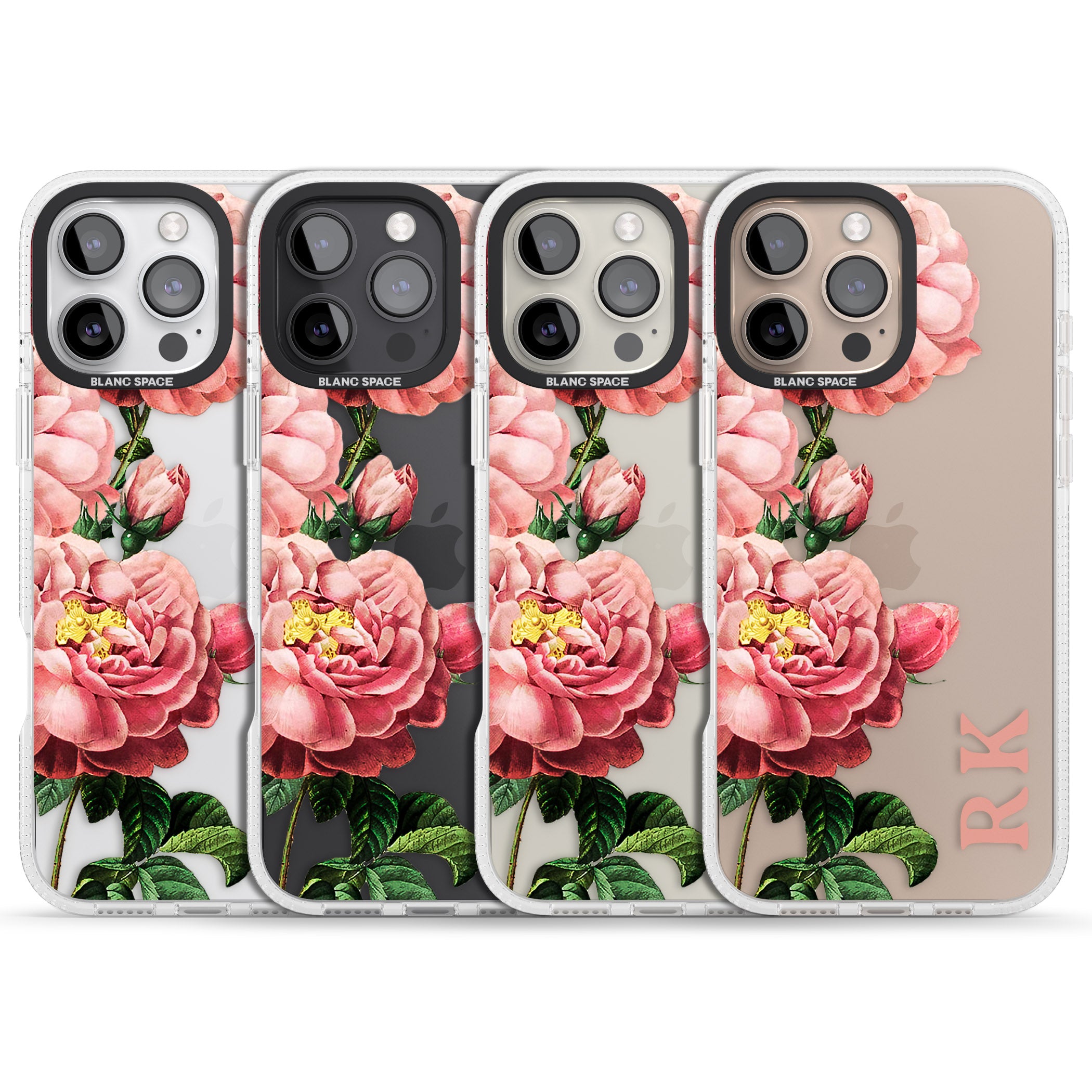 Personalised Clear Vintage Floral Pink Peonies iPhone 16 Pro Max / 16 Pro Clear Case Impact Air - Blanc Space
