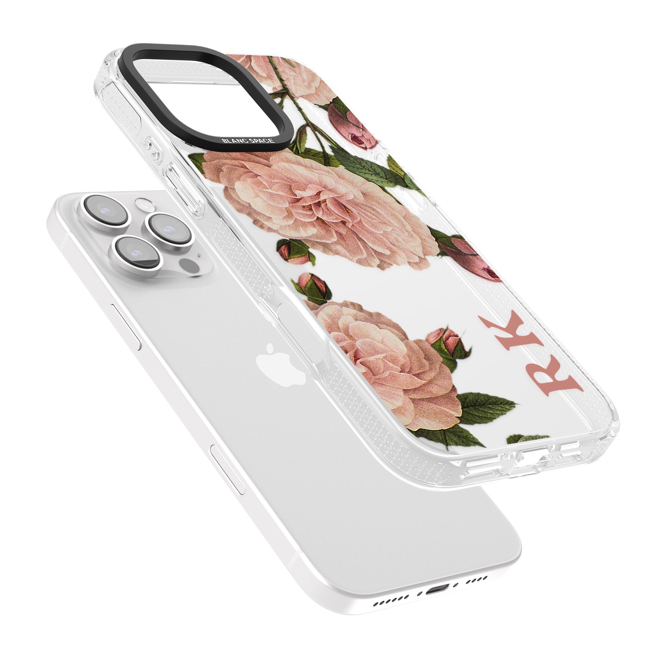 Personalised Clear Vintage Floral Pale Pink Peonies iPhone 16 Pro Max / 16 Pro Clear Case Impact Air - Blanc Space