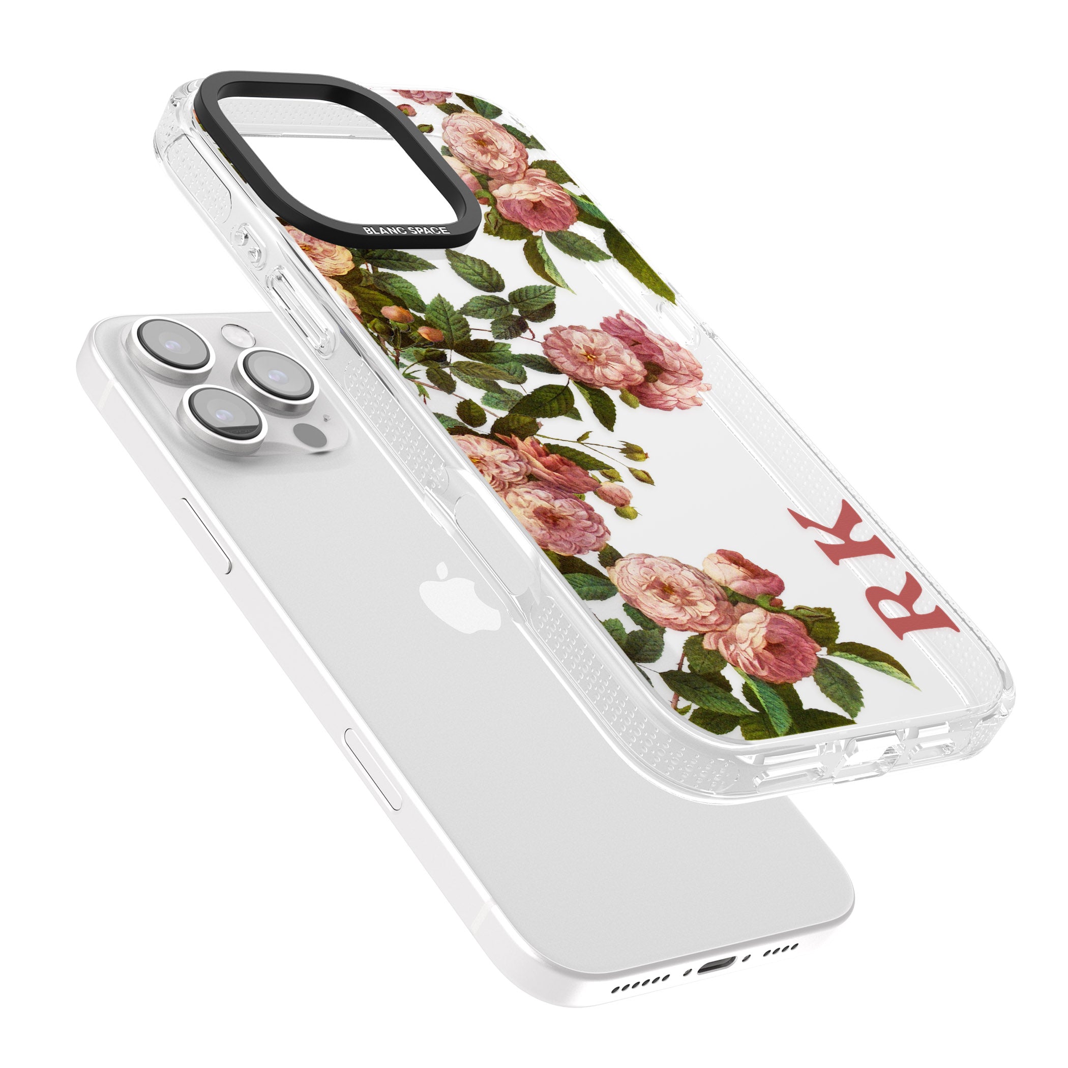 Personalised Clear Vintage Floral Pink Garden Roses iPhone 16 Pro Max / 16 Pro Clear Case Impact Air - Blanc Space
