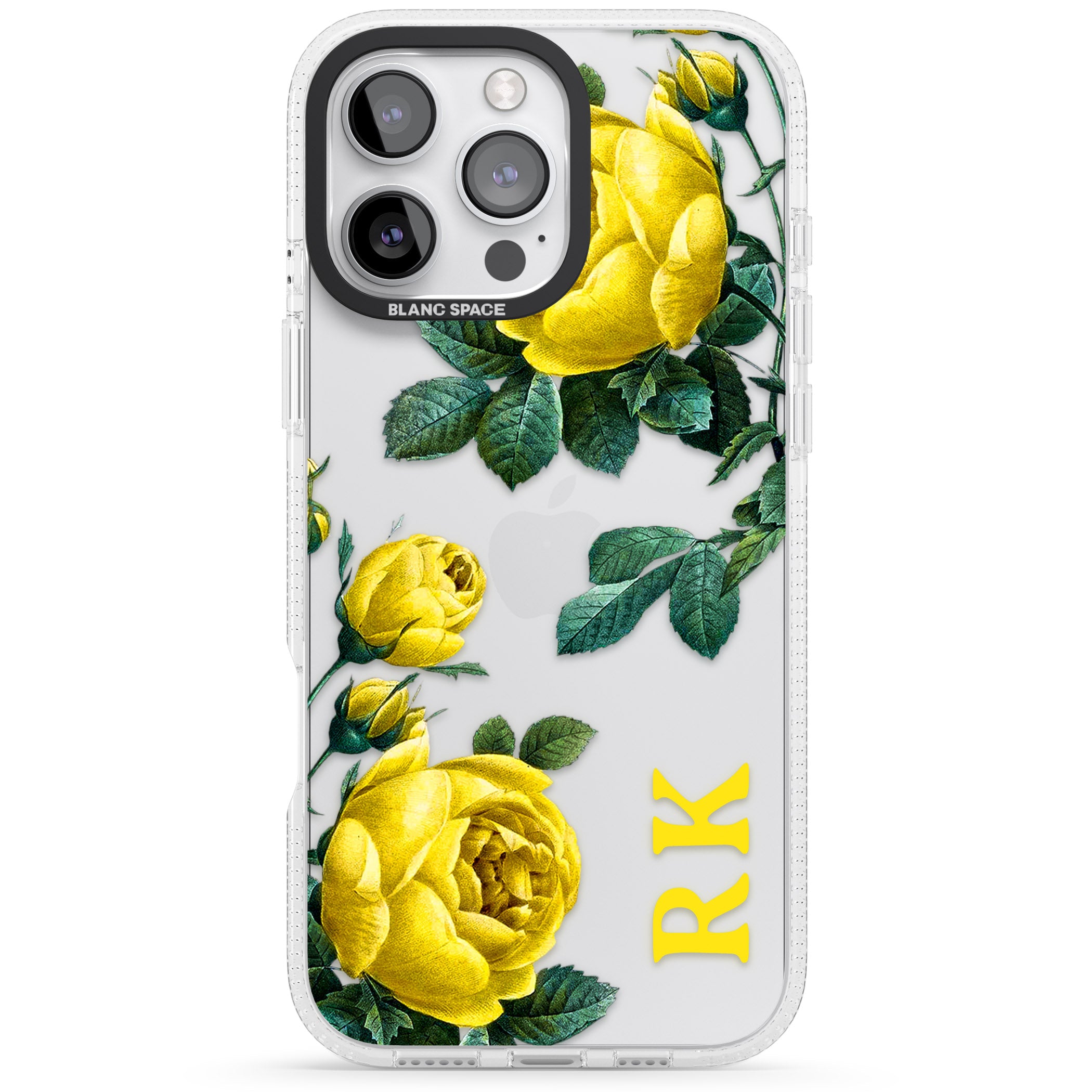 Personalised Clear Vintage Floral Yellow Roses iPhone 16 Pro Max / 16 Pro Clear Case Impact Air - Blanc Space