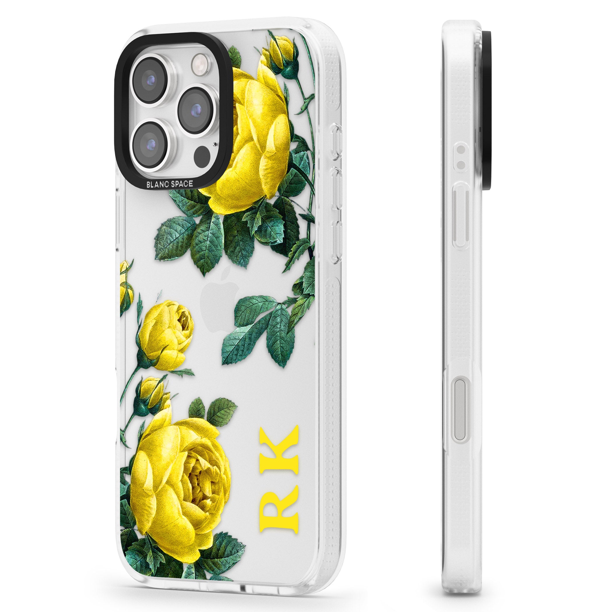 Personalised Clear Vintage Floral Yellow Roses iPhone 16 Pro Max / 16 Pro Clear Case Impact Air - Blanc Space