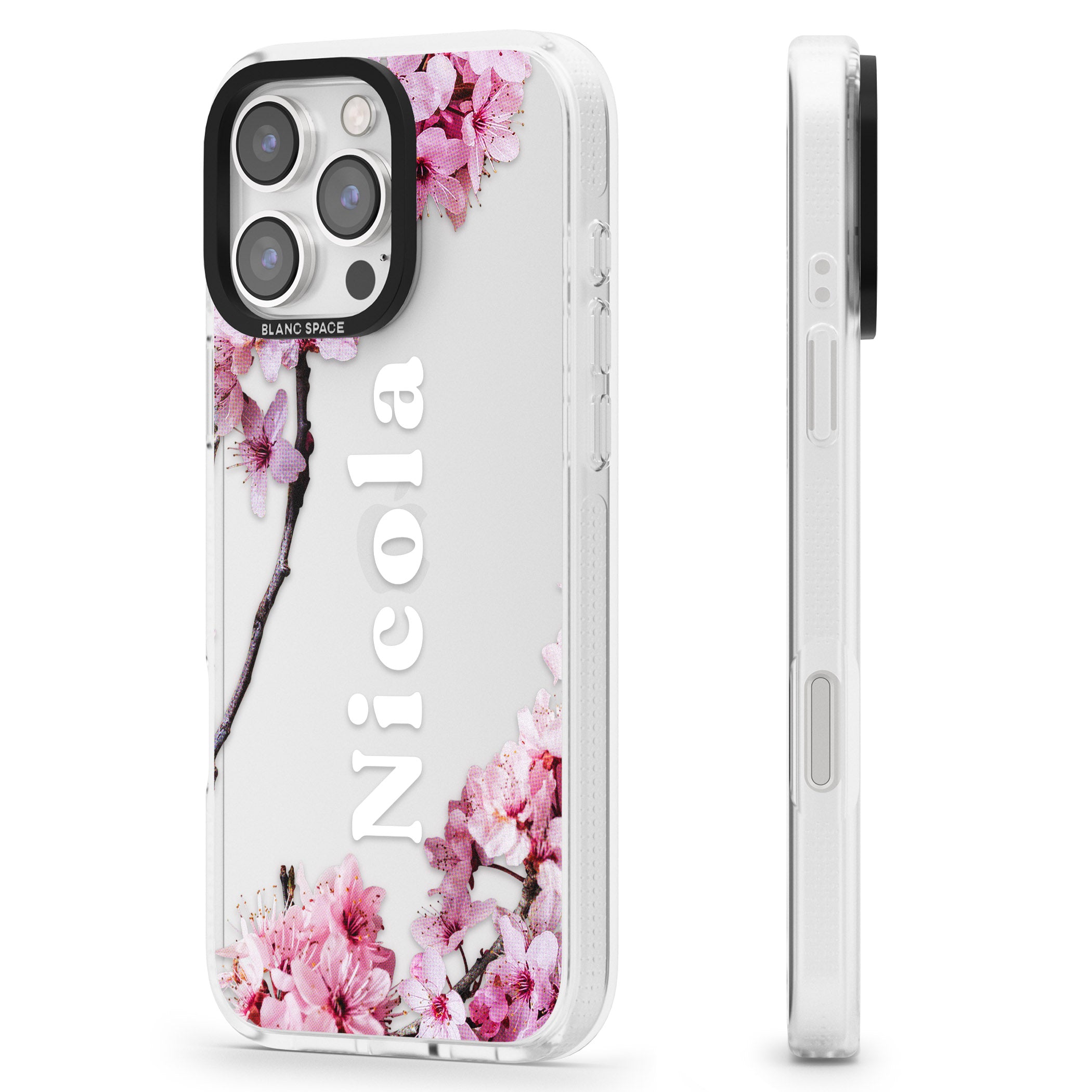 Personalised Cherry Blossoms with Text iPhone 16 Pro Max / 16 Pro Clear Case Impact Air - Blanc Space