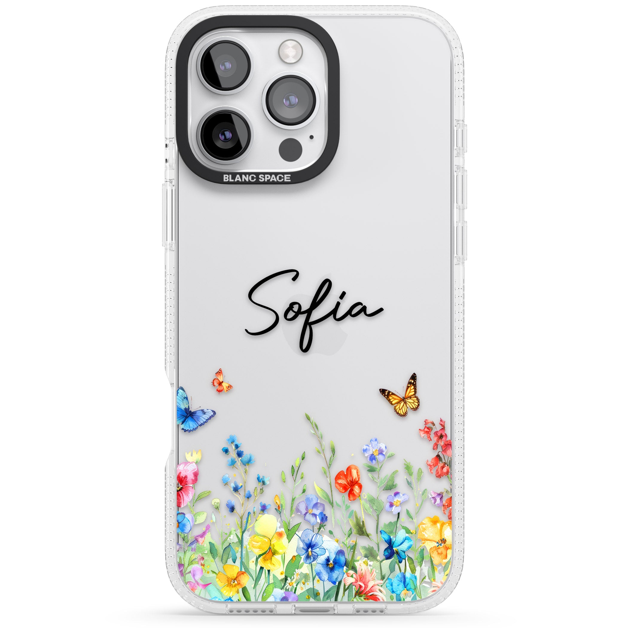 Personalised Butterflies & Wildflowers iPhone 16 Pro Max / 16 Pro Clear Case Impact Air - Blanc Space