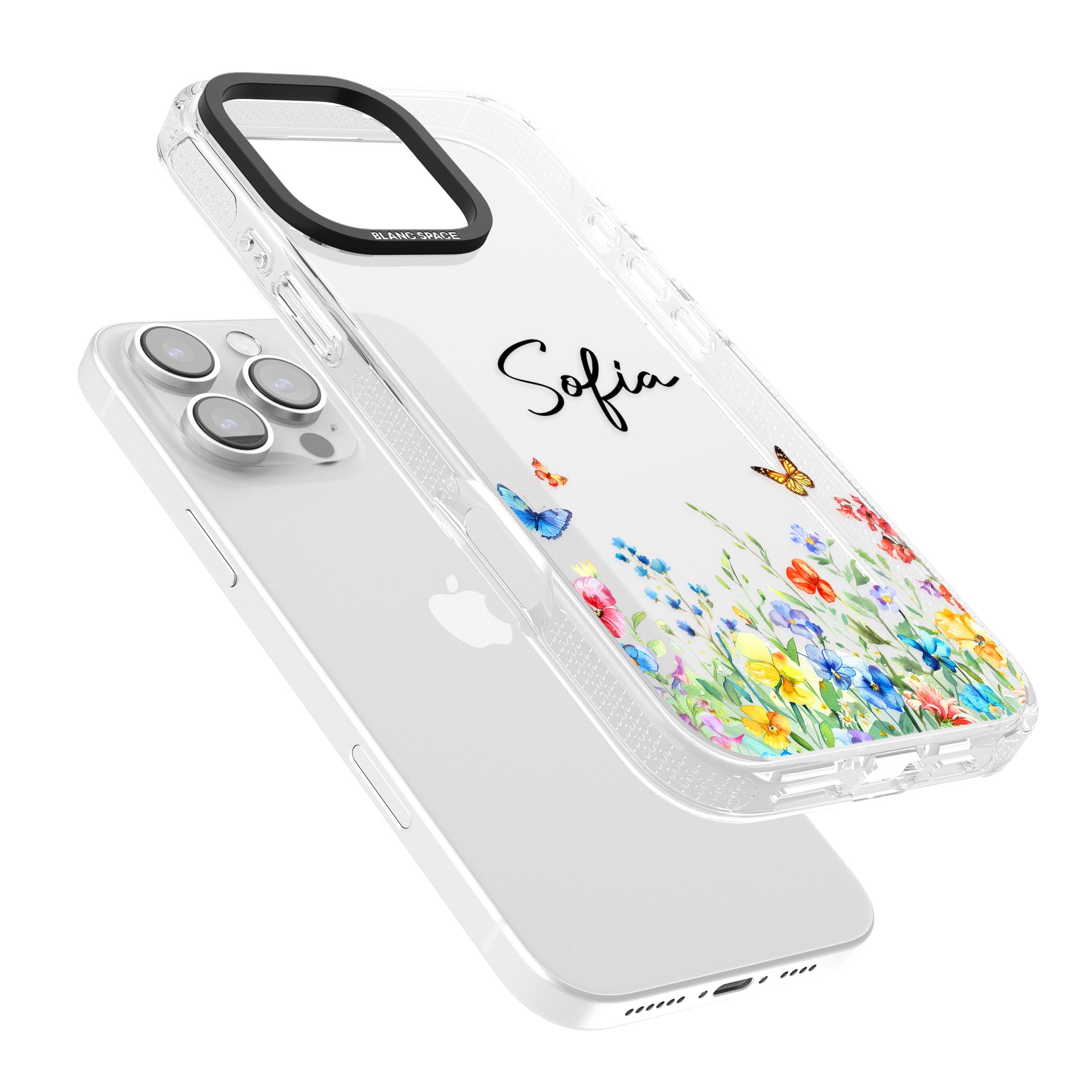 Personalised Butterflies & Wildflowers iPhone 16 Pro Max / 16 Pro Clear Case Impact Air - Blanc Space