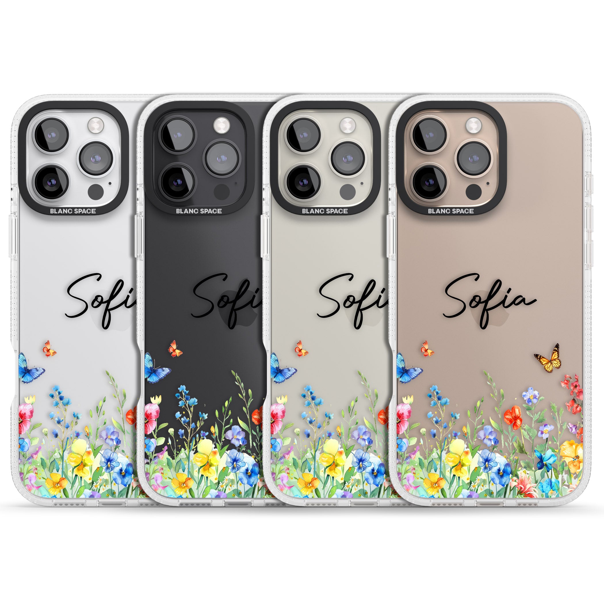 Personalised Butterflies & Wildflowers iPhone 16 Pro Max / 16 Pro Clear Case Impact Air - Blanc Space