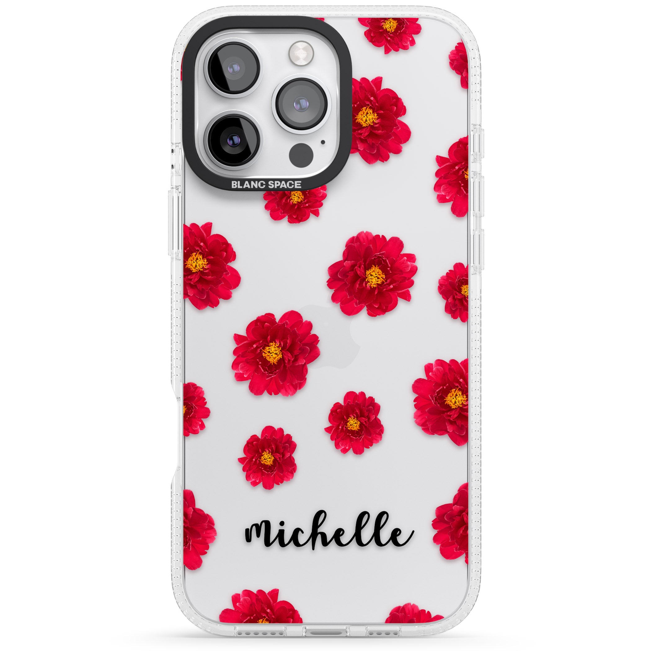 Personalised Red Peonies & Cursive iPhone 16 Pro Max / 16 Pro Clear Case Impact Air - Blanc Space