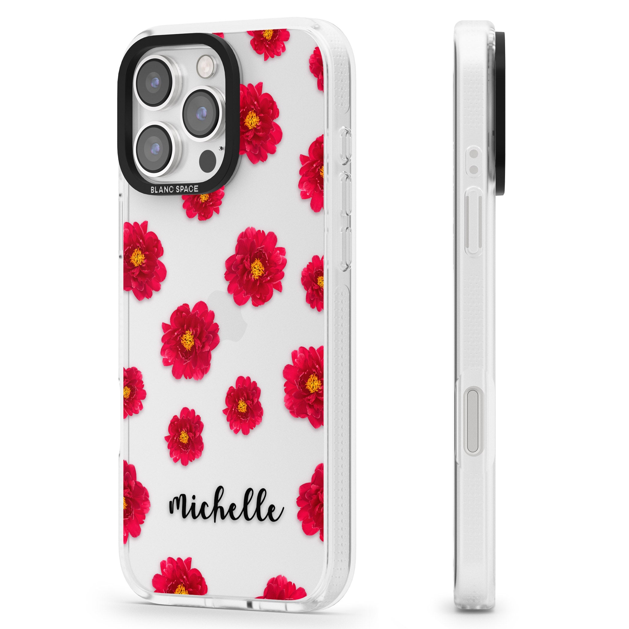 Personalised Red Peonies & Cursive iPhone 16 Pro Max / 16 Pro Clear Case Impact Air - Blanc Space