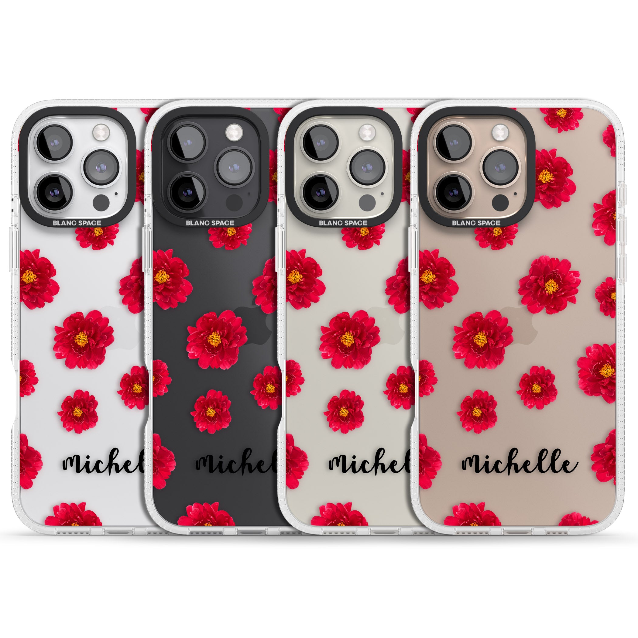 Personalised Red Peonies & Cursive iPhone 16 Pro Max / 16 Pro Clear Case Impact Air - Blanc Space