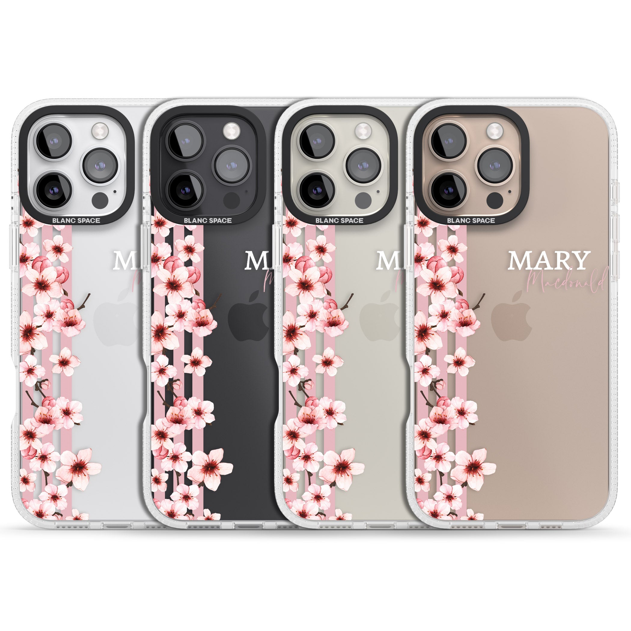 Personalised Cherry Blossoms & Stripes iPhone 16 Pro Max / 16 Pro Clear Case Impact Air - Blanc Space