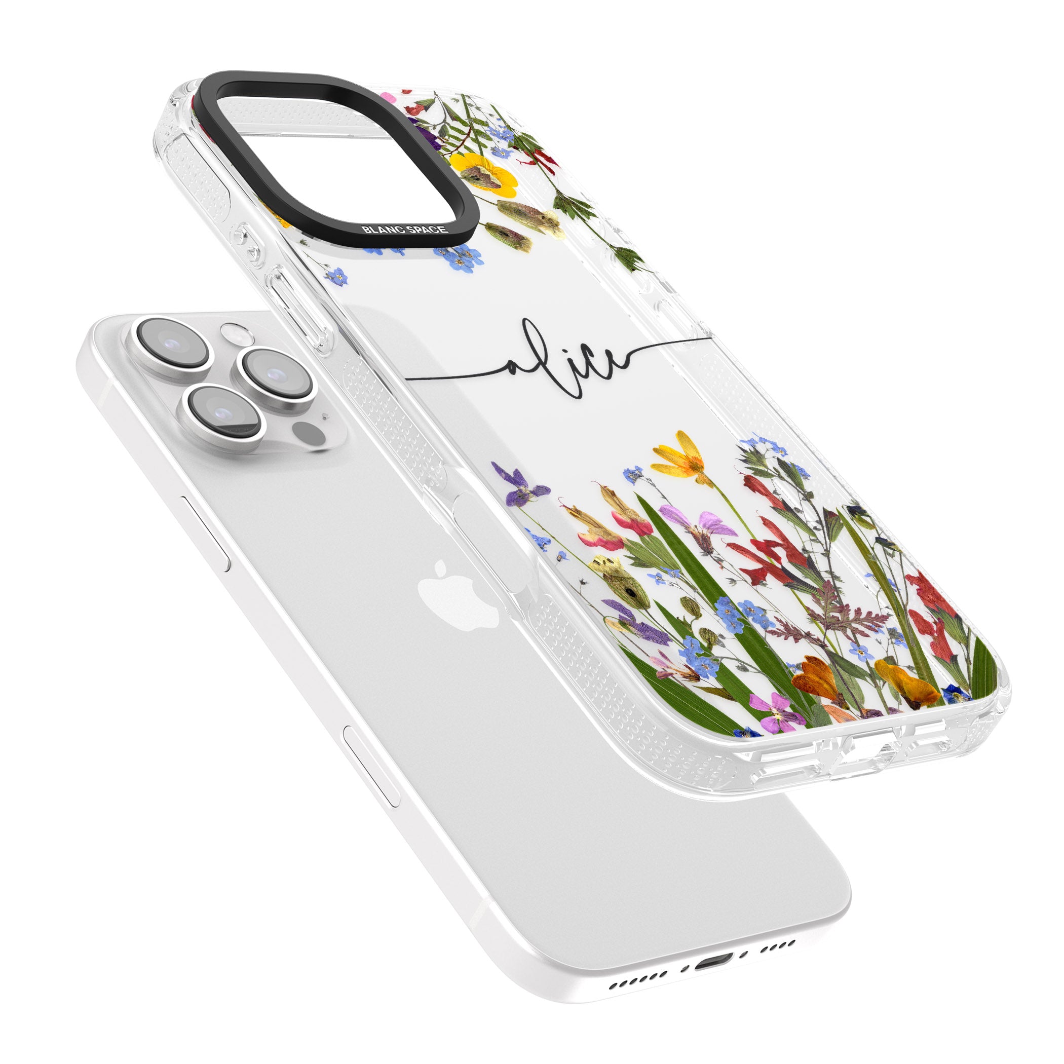 Personalised Wildflower Floral iPhone 16 Pro Max / 16 Pro Clear Case Impact Air - Blanc Space