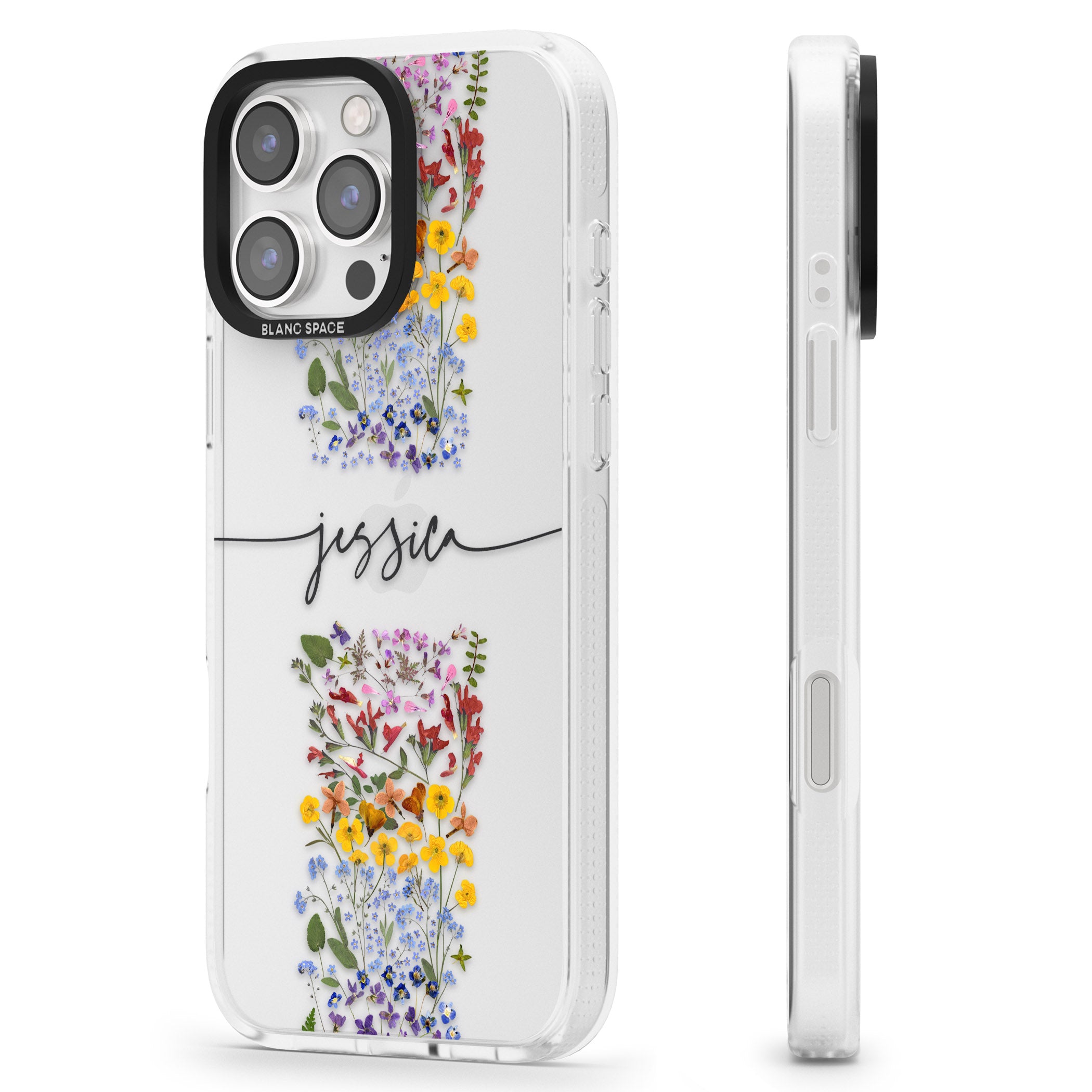 Personalised Wildflower Floral Stripe Personalised iPhone 16 Pro Max / 16 Pro Clear Case Impact Air - Blanc Space