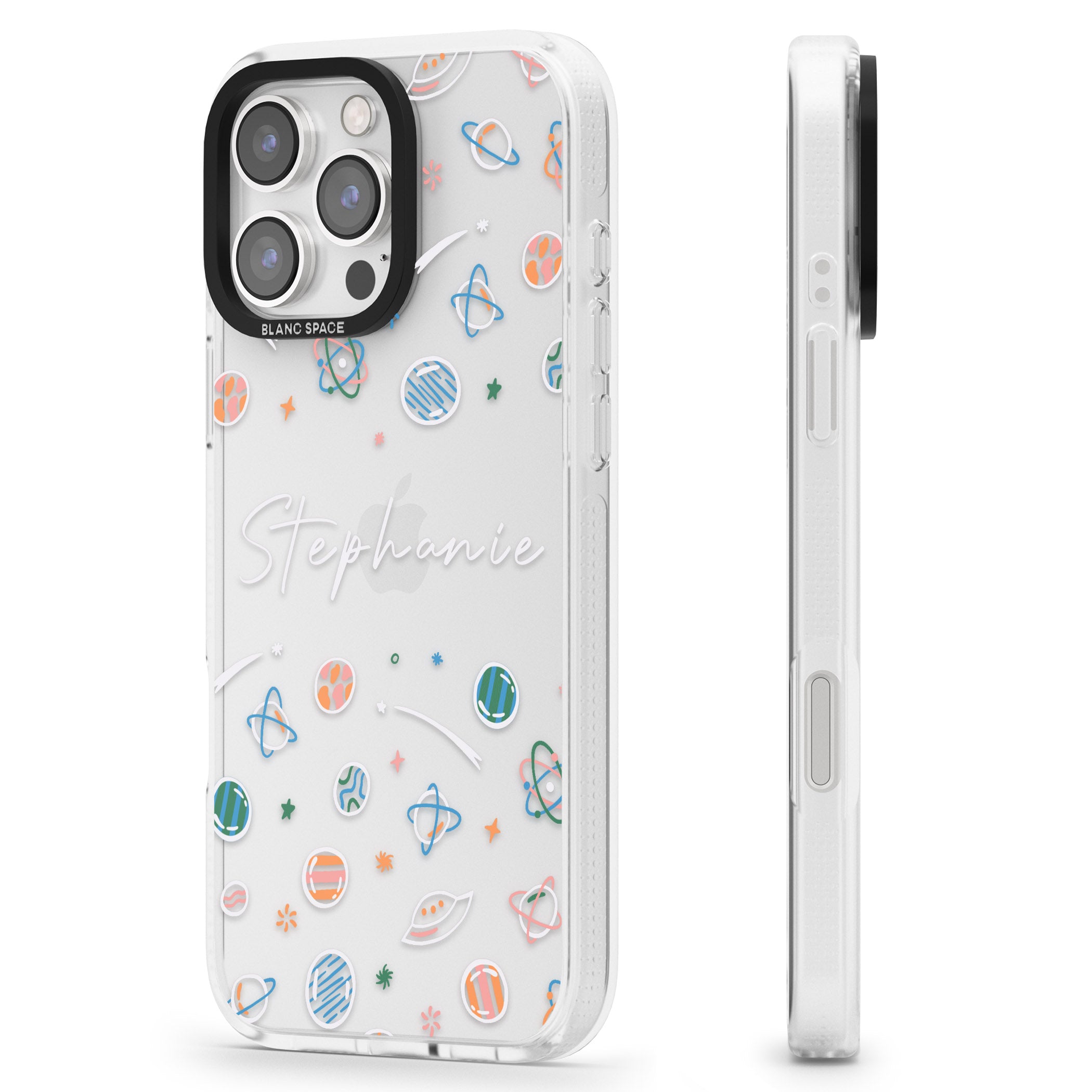 Personalised Space Pattern White iPhone 16 Pro Max / 16 Pro Clear Case Impact Air - Blanc Space