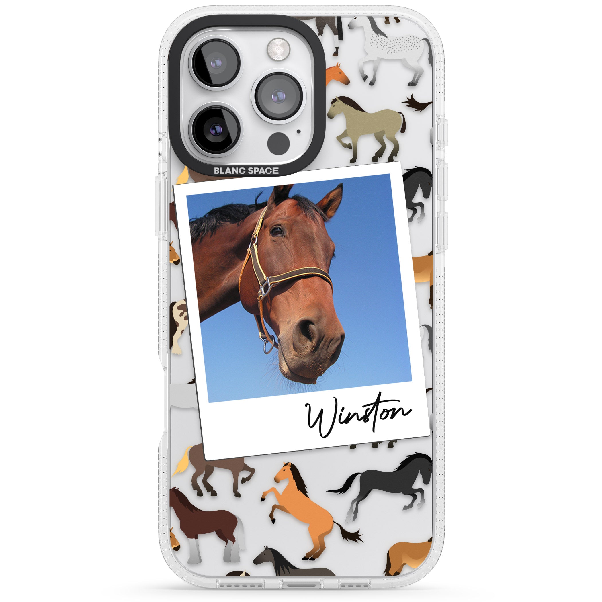Personalised Horse Polaroid iPhone 16 Pro Max / 16 Pro Clear Case Impact Air - Blanc Space