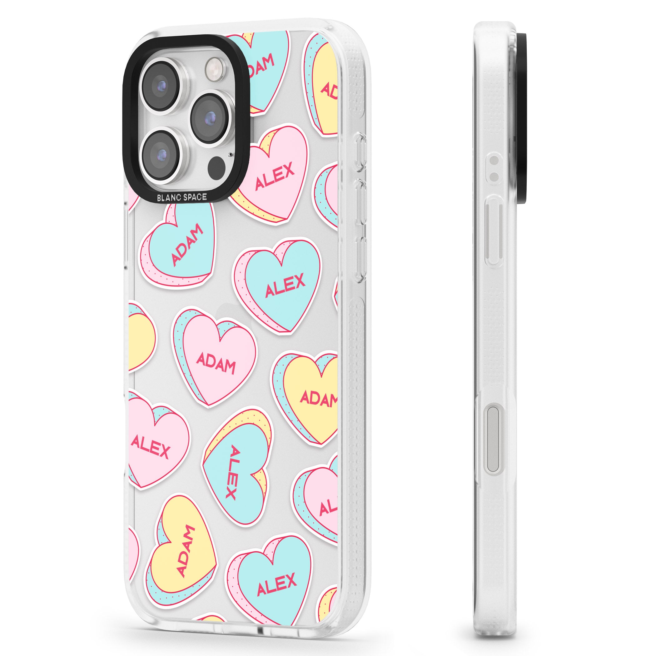 Personalised Text Love Hearts iPhone 16 Pro Max / 16 Pro Clear Case Impact Air - Blanc Space