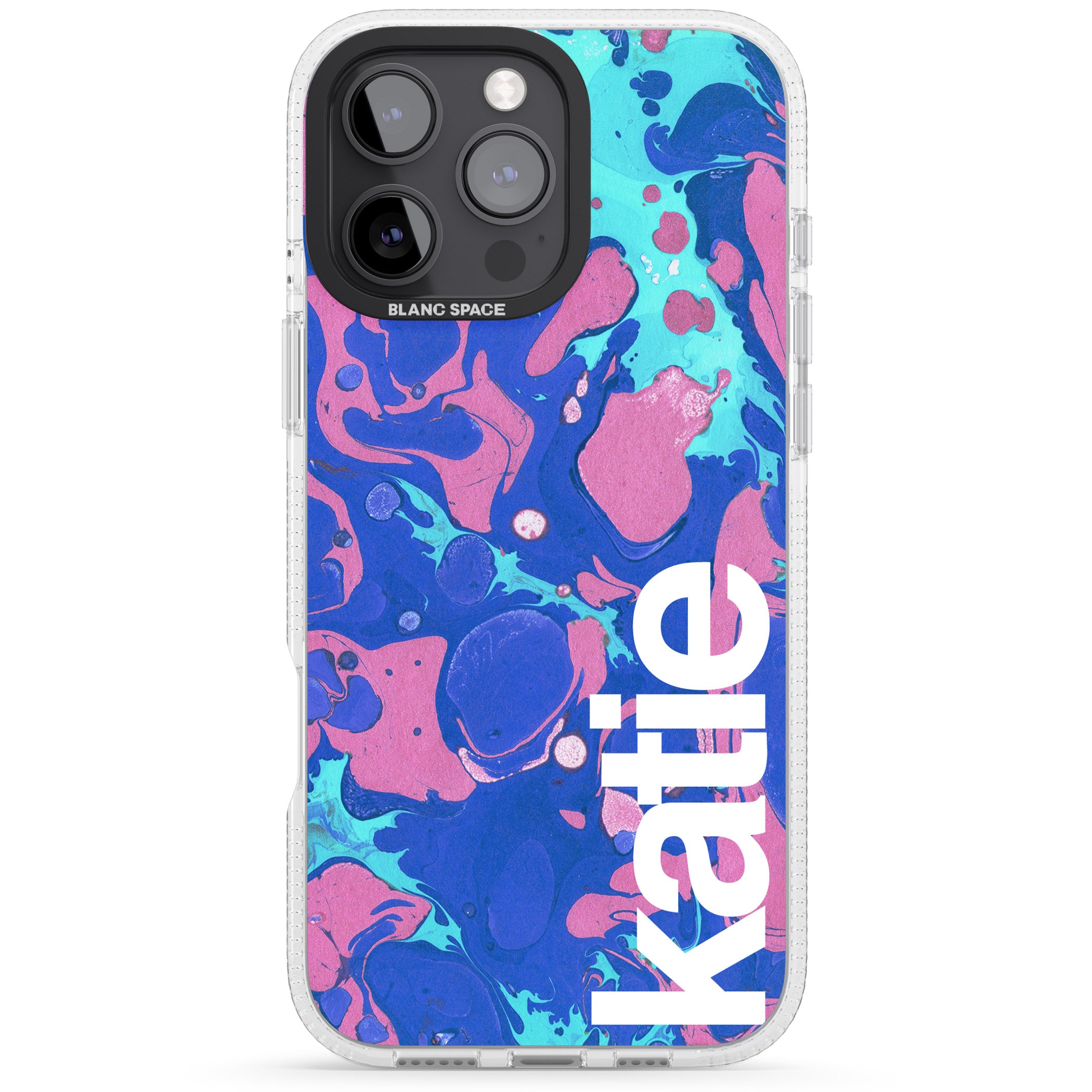 Personalised Navy, Turquoise + Purple - Marbled iPhone 16 Pro Max / 16 Pro Clear Case Impact Air - Blanc Space