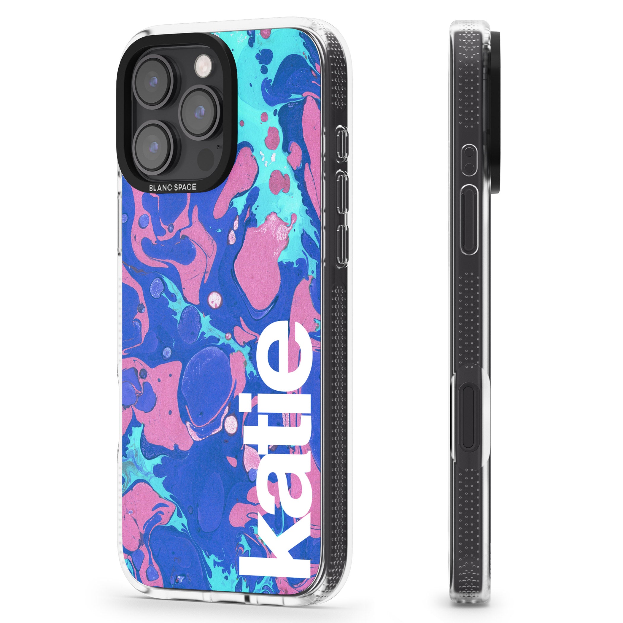 Personalised Navy, Turquoise + Purple - Marbled iPhone 16 Pro Max / 16 Pro Clear Case Impact Air - Blanc Space