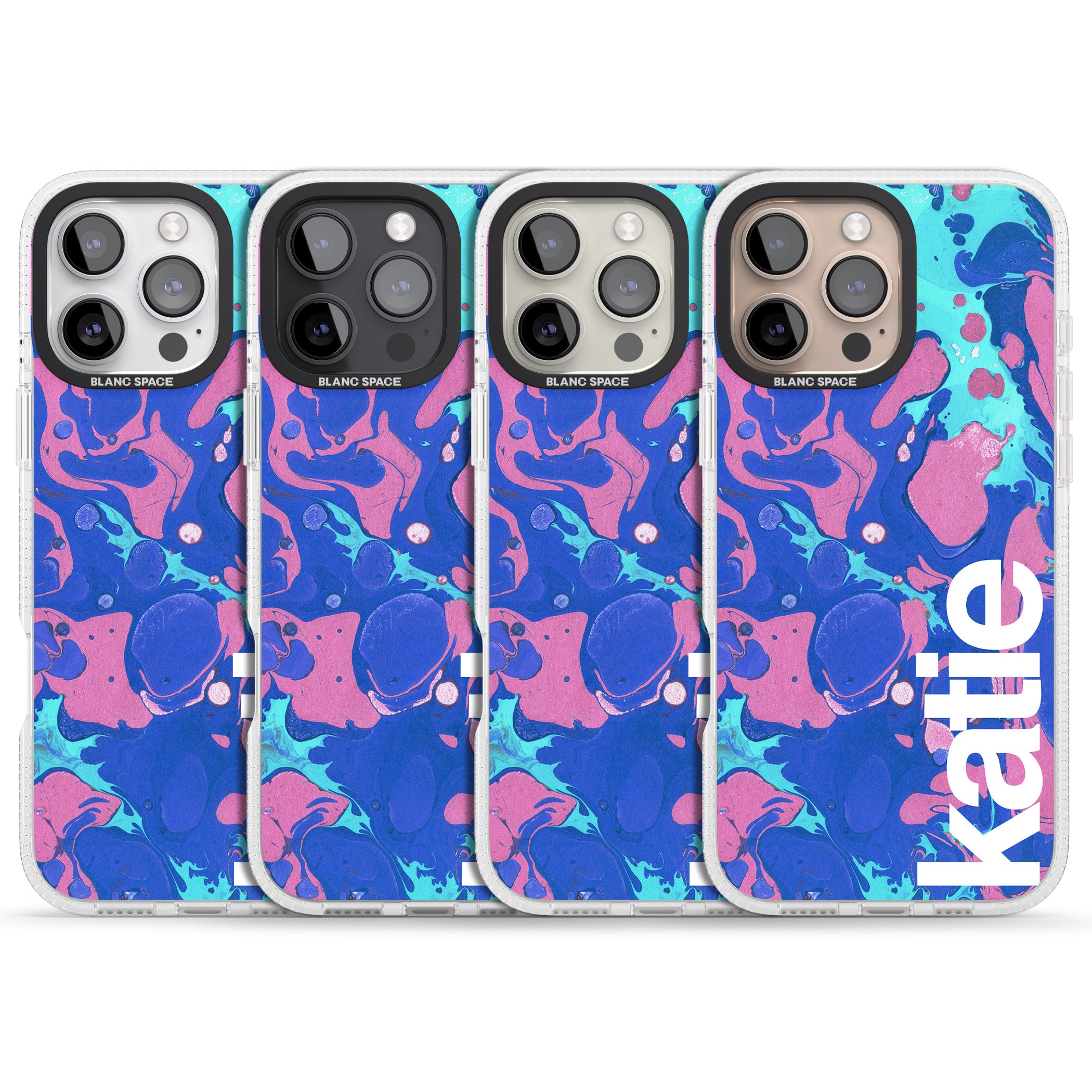 Personalised Navy, Turquoise + Purple - Marbled iPhone 16 Pro Max / 16 Pro Clear Case Impact Air - Blanc Space