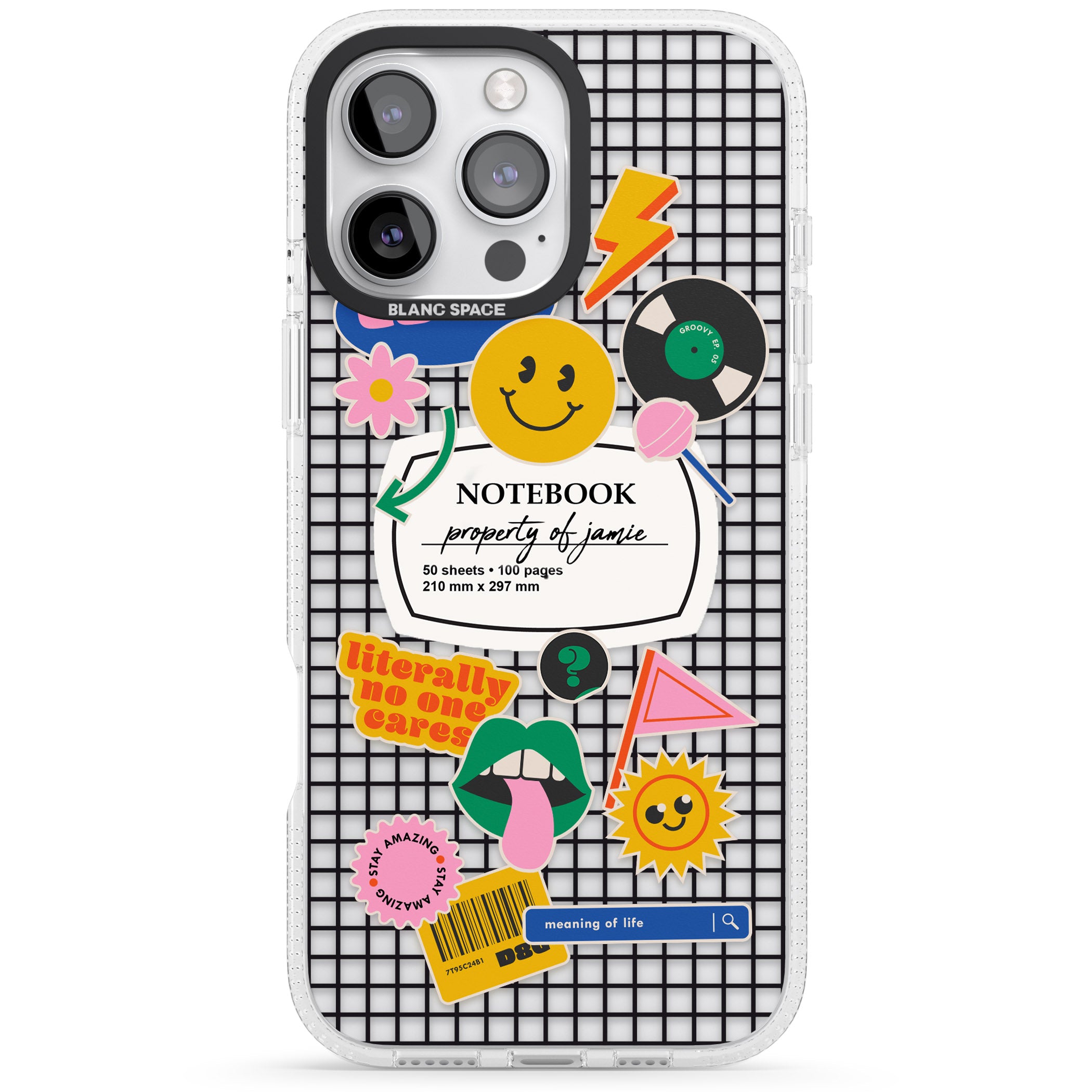 Personalised Sticker Mix on Grid iPhone 16 Pro Max / 16 Pro Clear Case Impact Air - Blanc Space