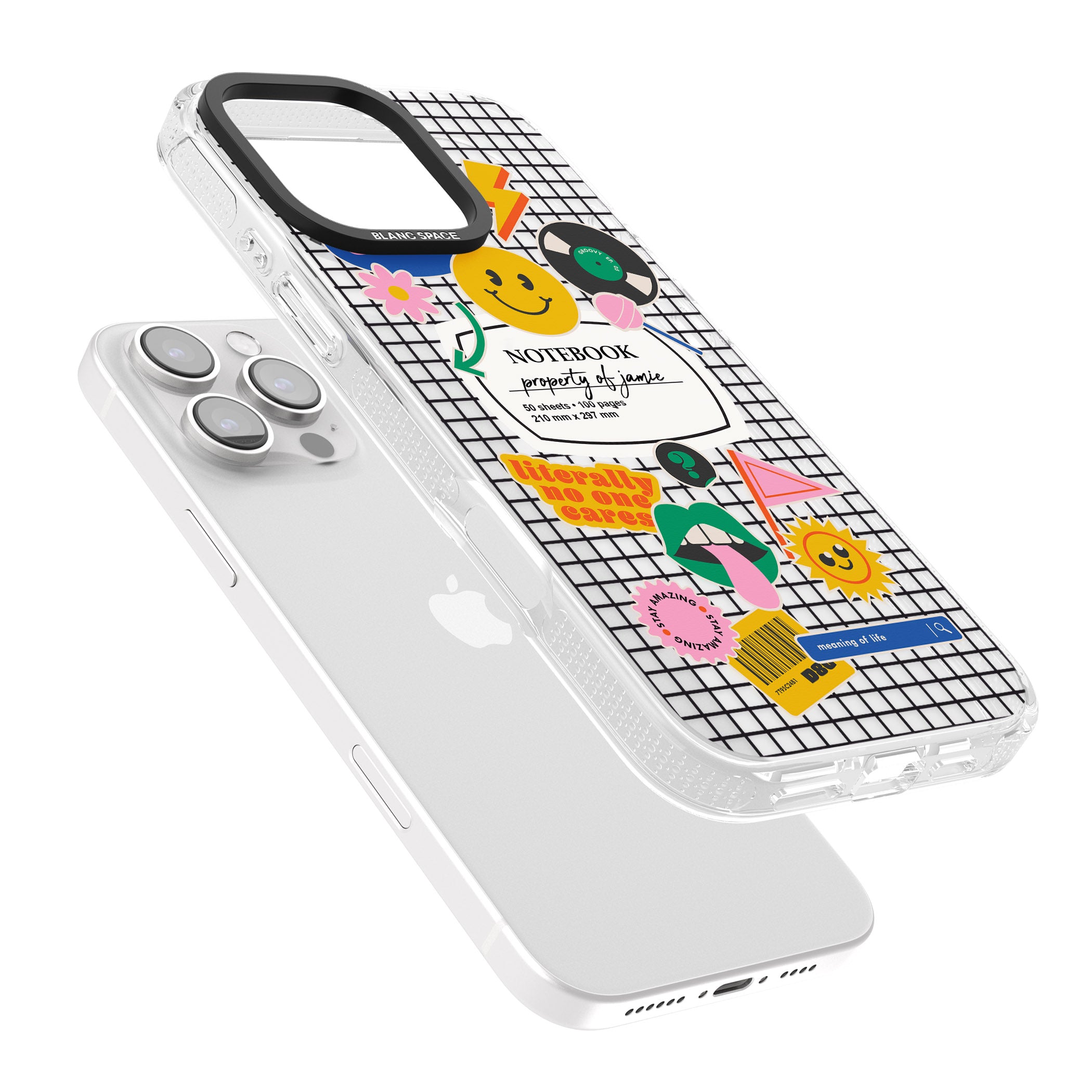 Personalised Sticker Mix on Grid iPhone 16 Pro Max / 16 Pro Clear Case Impact Air - Blanc Space