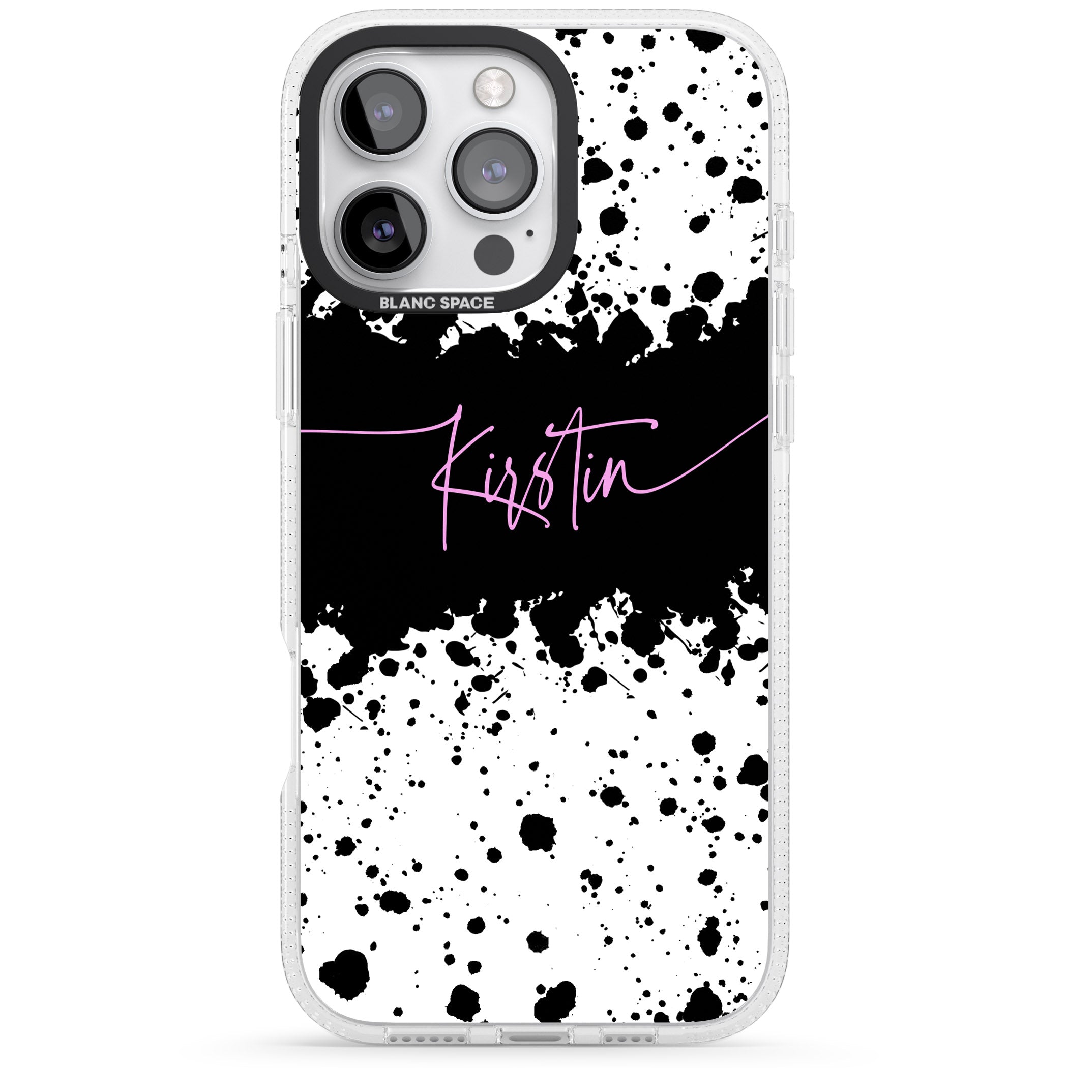 Personalised Black & White Paint Splatters iPhone 16 Pro Max / 16 Pro Clear Case Impact Air - Blanc Space