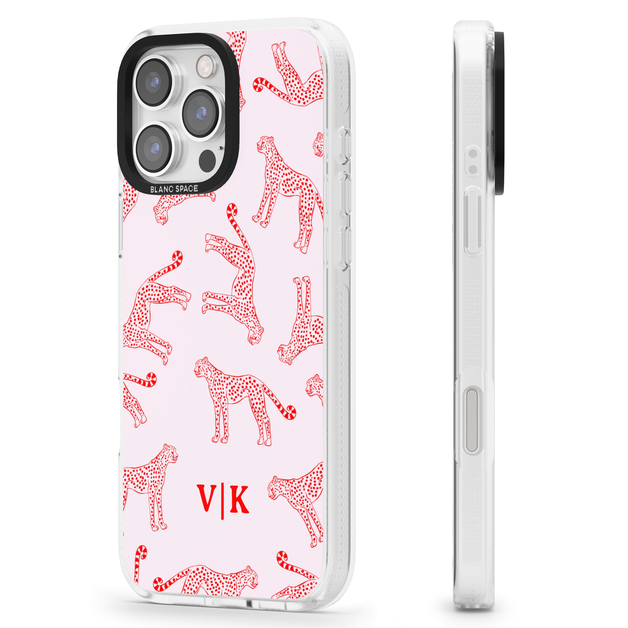 Personalised + Red & Pink Cheetah iPhone 16 Pro Max / 16 Pro Clear Case Impact Air - Blanc Space