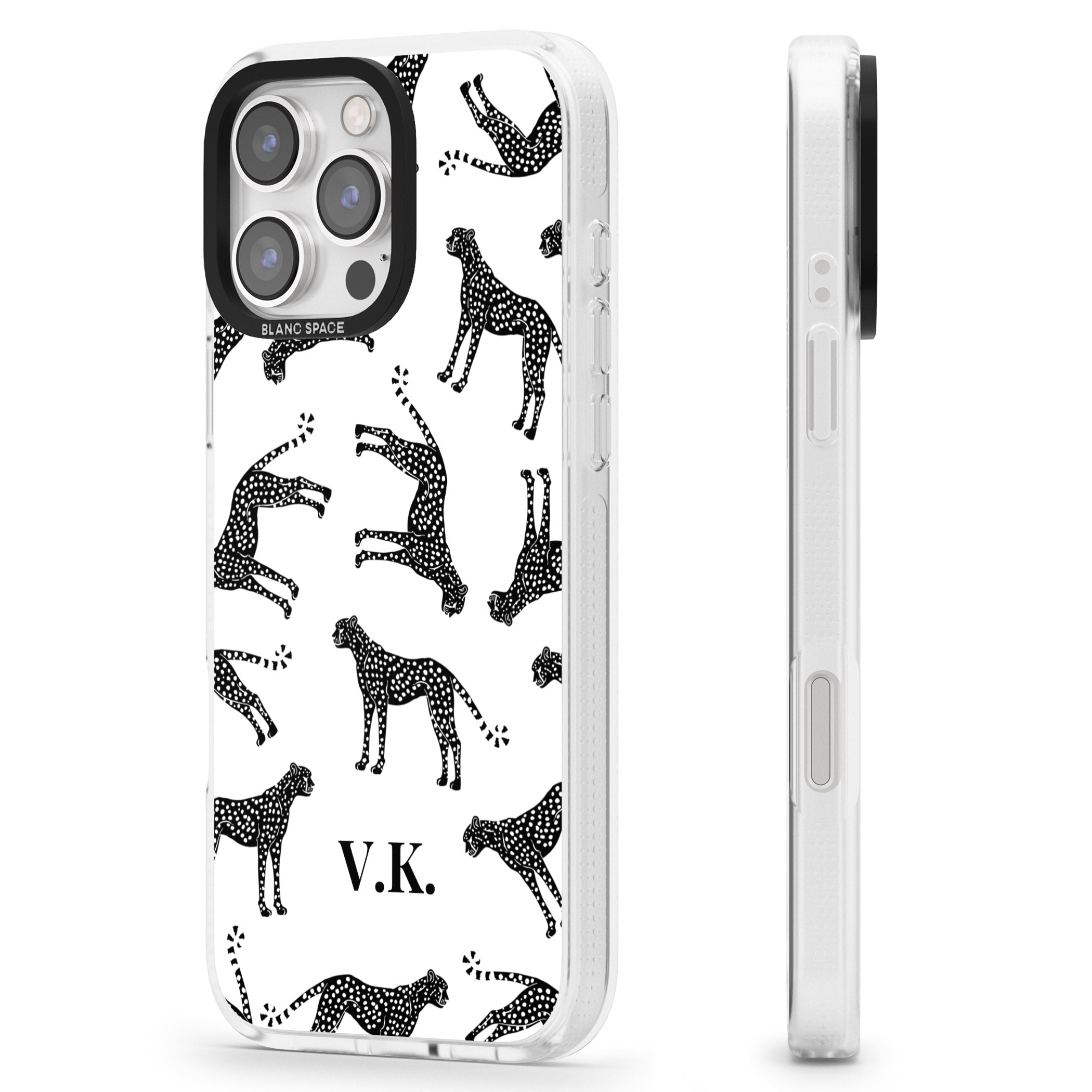 Personalised Cheetah Black & White iPhone 16 Pro Max / 16 Pro Clear Case Impact Air - Blanc Space