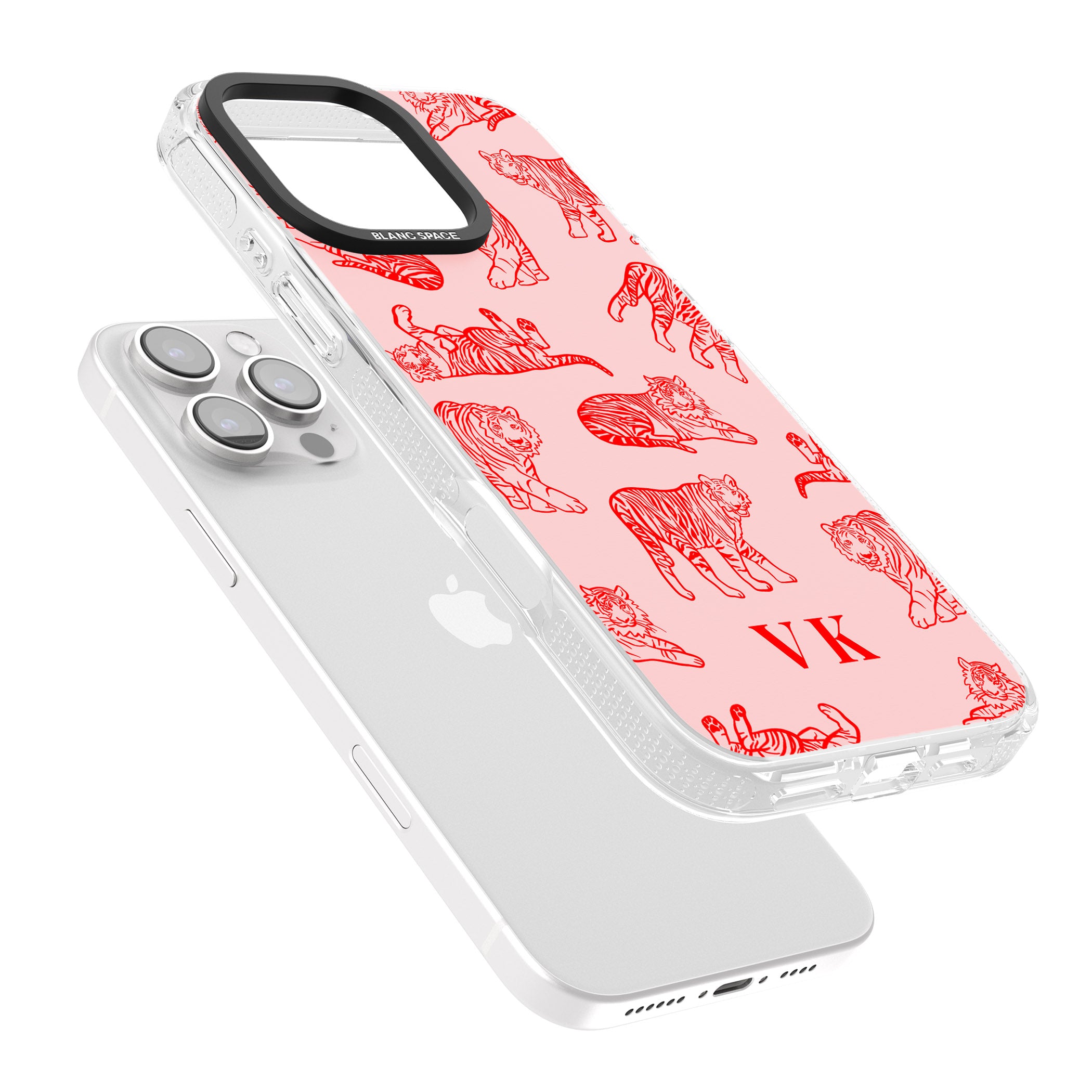 Personalised Red Tiger Outlines on Pink iPhone 16 Pro Max / 16 Pro Clear Case Impact Air - Blanc Space