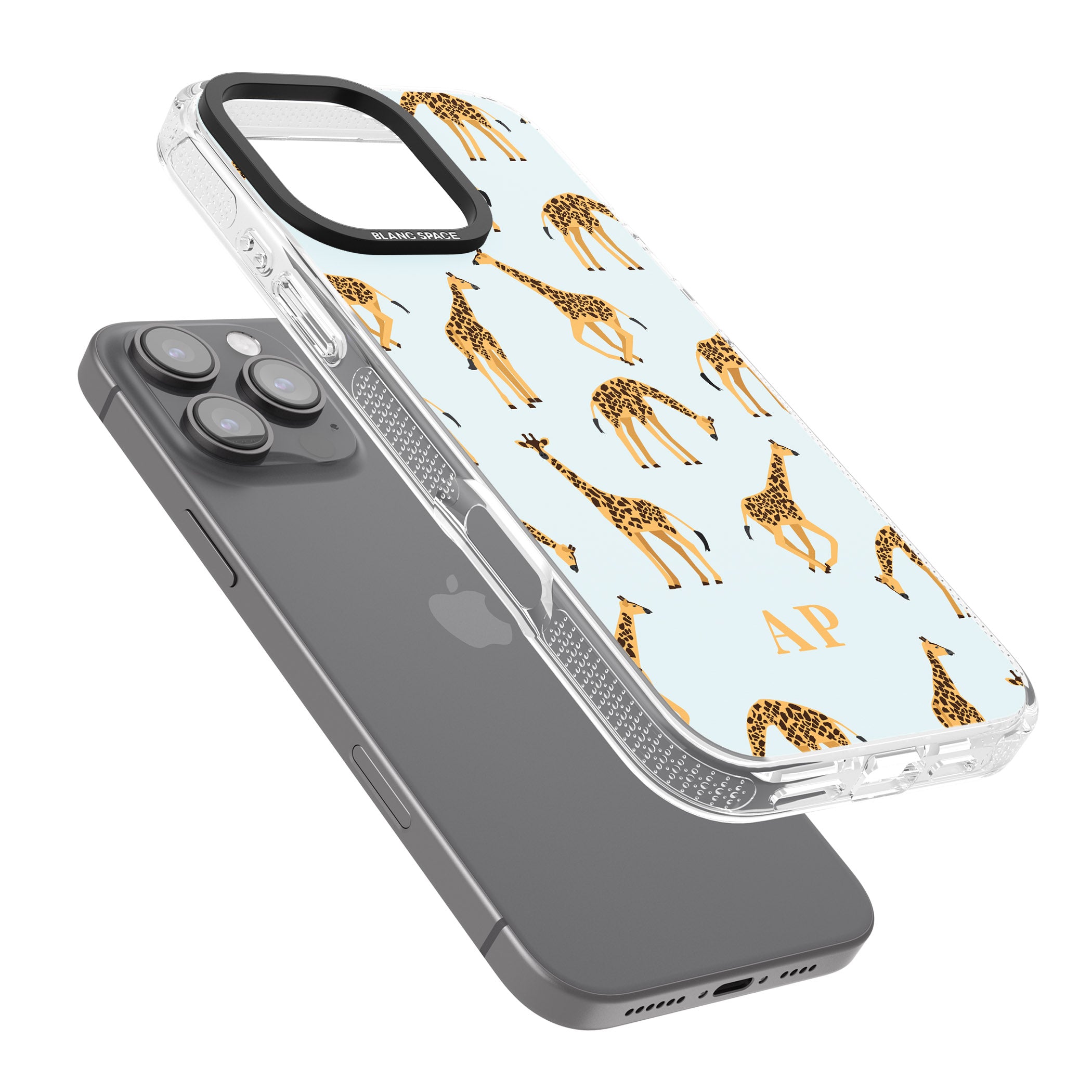 Personalised Safari Giraffe Pattern on Blue iPhone 16 Pro Max / 16 Pro Clear Case Impact Air - Blanc Space