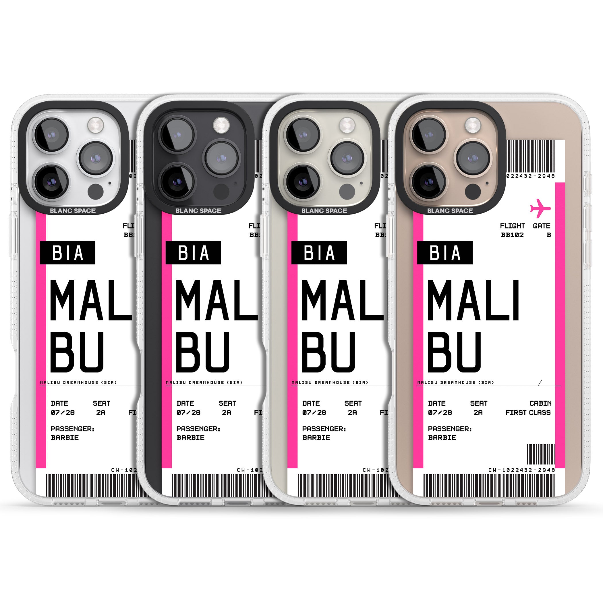 Personalised Pink Malibu Boarding Pass iPhone 16 Pro Max / 16 Pro Clear Case Impact Air - Blanc Space