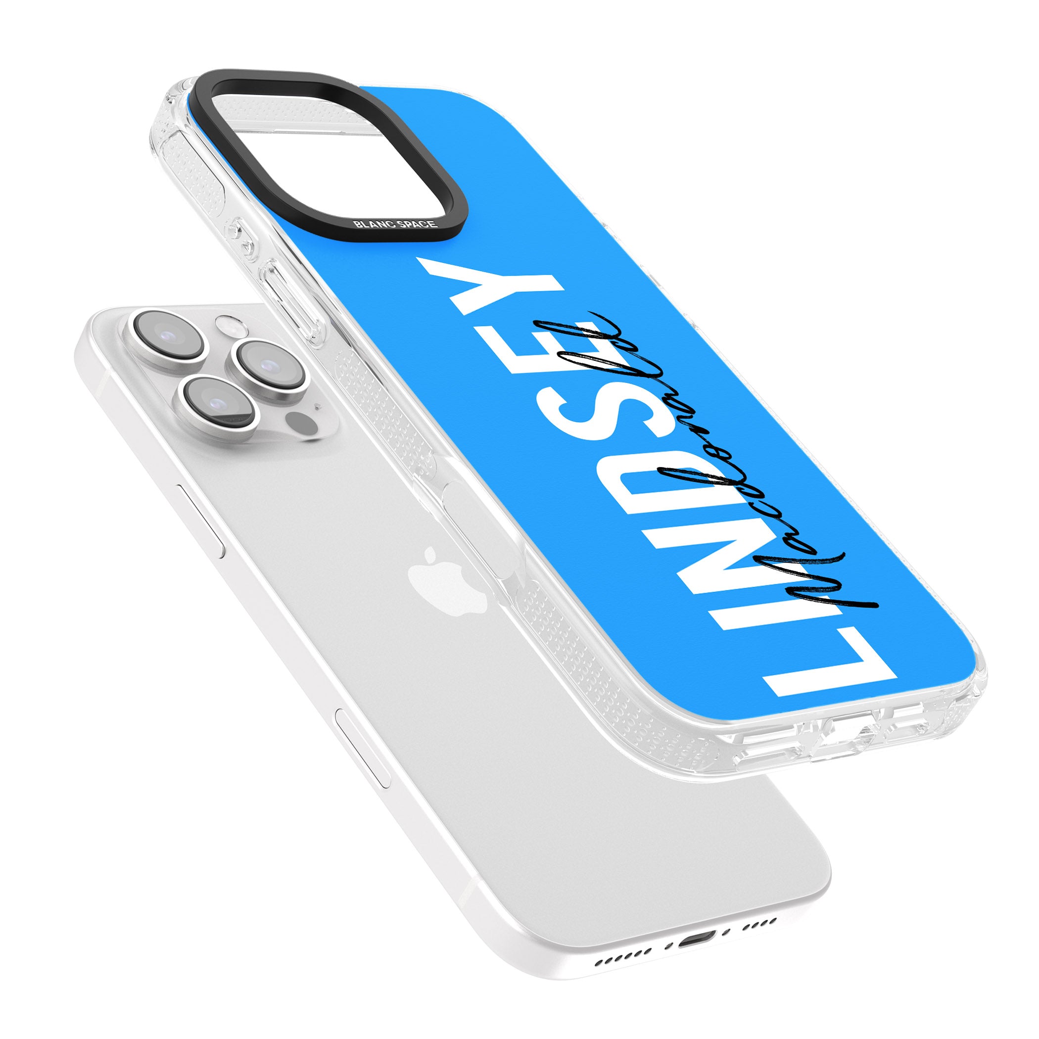 Personalised Bold Name: Blue iPhone 16 Pro Max / 16 Pro Clear Case Impact Air - Blanc Space