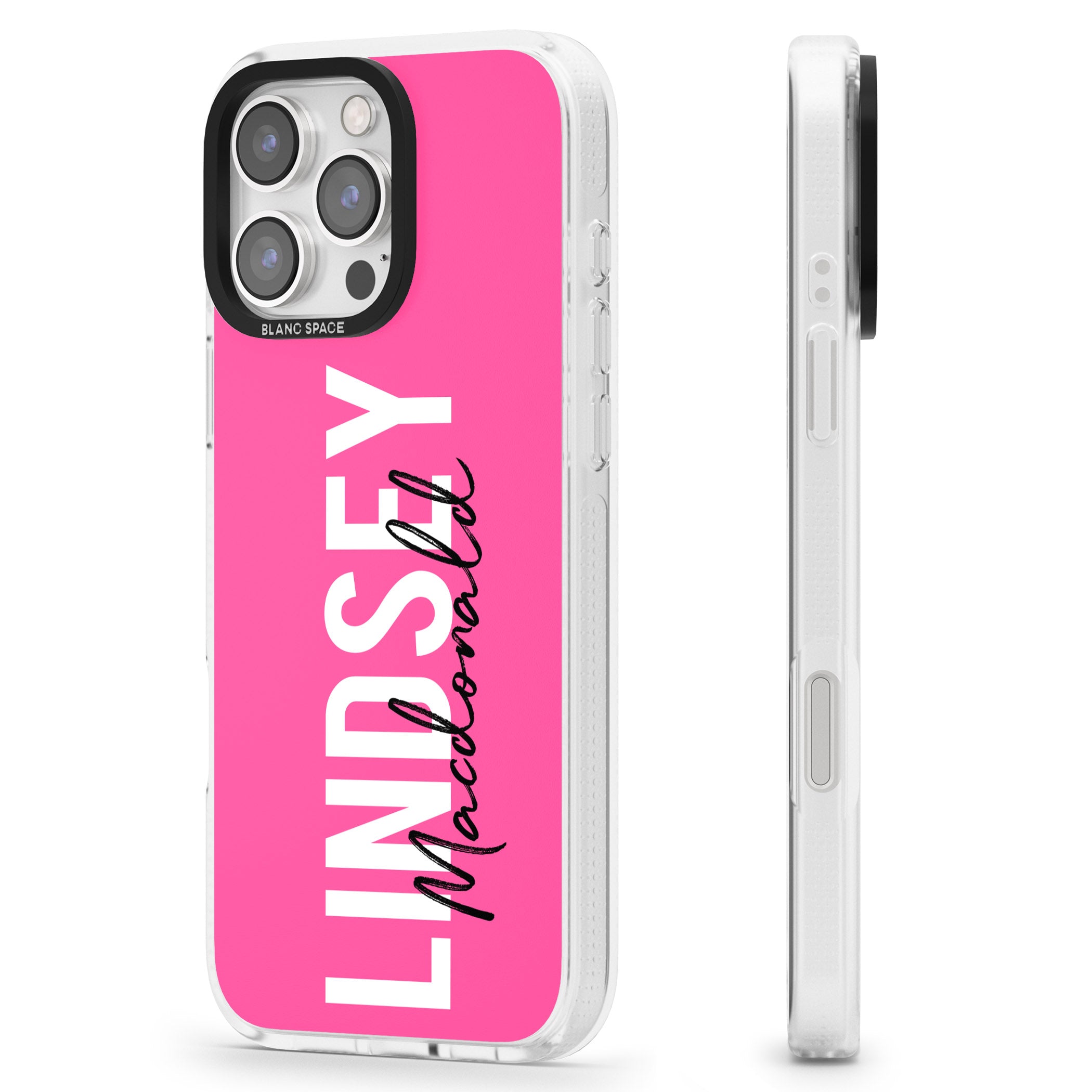 Personalised Bold Name: Pink iPhone 16 Pro Max / 16 Pro Clear Case Impact Air - Blanc Space