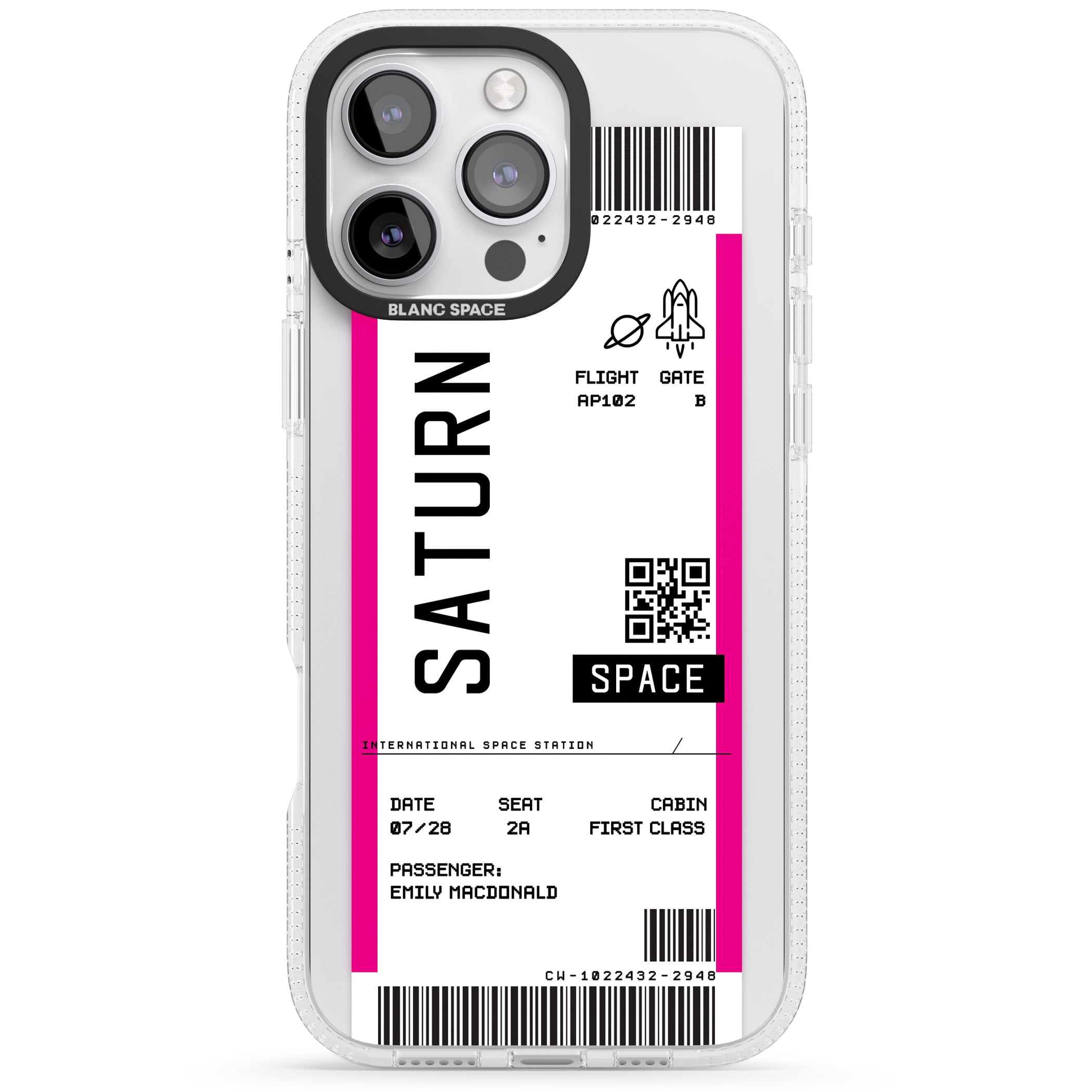 Personalised Saturn Space Travel Ticket iPhone 16 Pro Max / 16 Pro Clear Case Impact Air - Blanc Space
