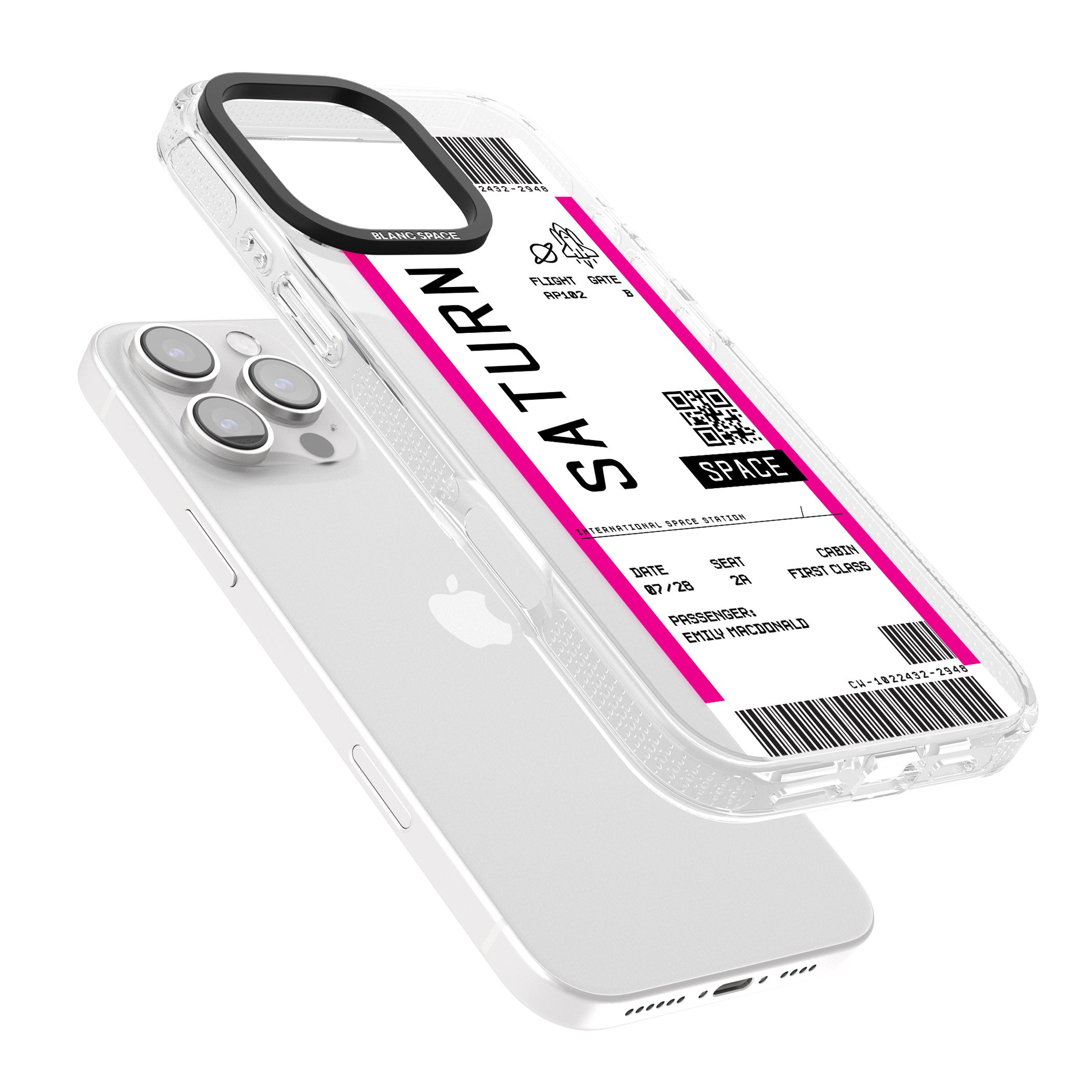 Personalised Saturn Space Travel Ticket iPhone 16 Pro Max / 16 Pro Clear Case Impact Air - Blanc Space
