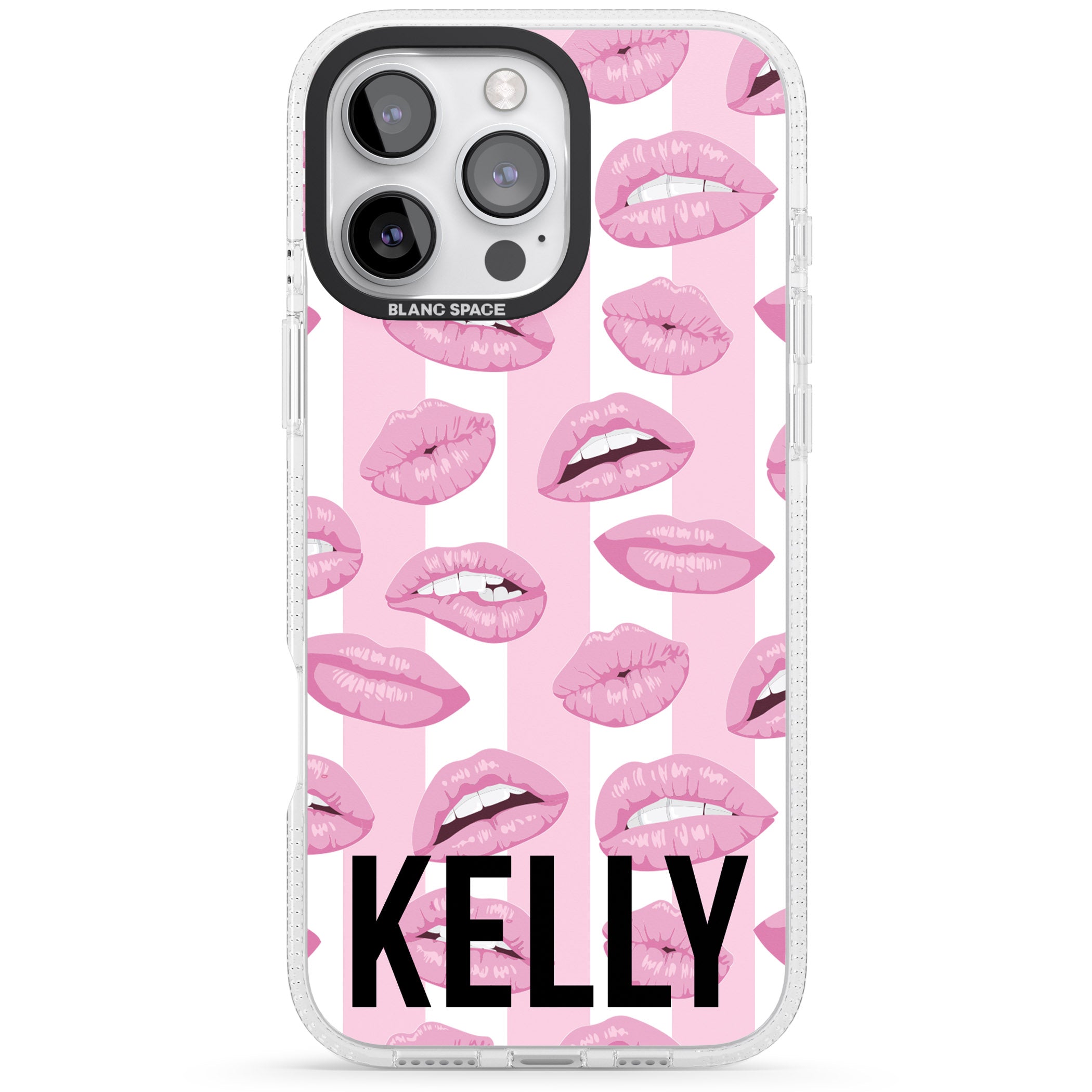 Personalised Pink Stripes & Lips iPhone 16 Pro Max / 16 Pro Clear Case Impact Air - Blanc Space