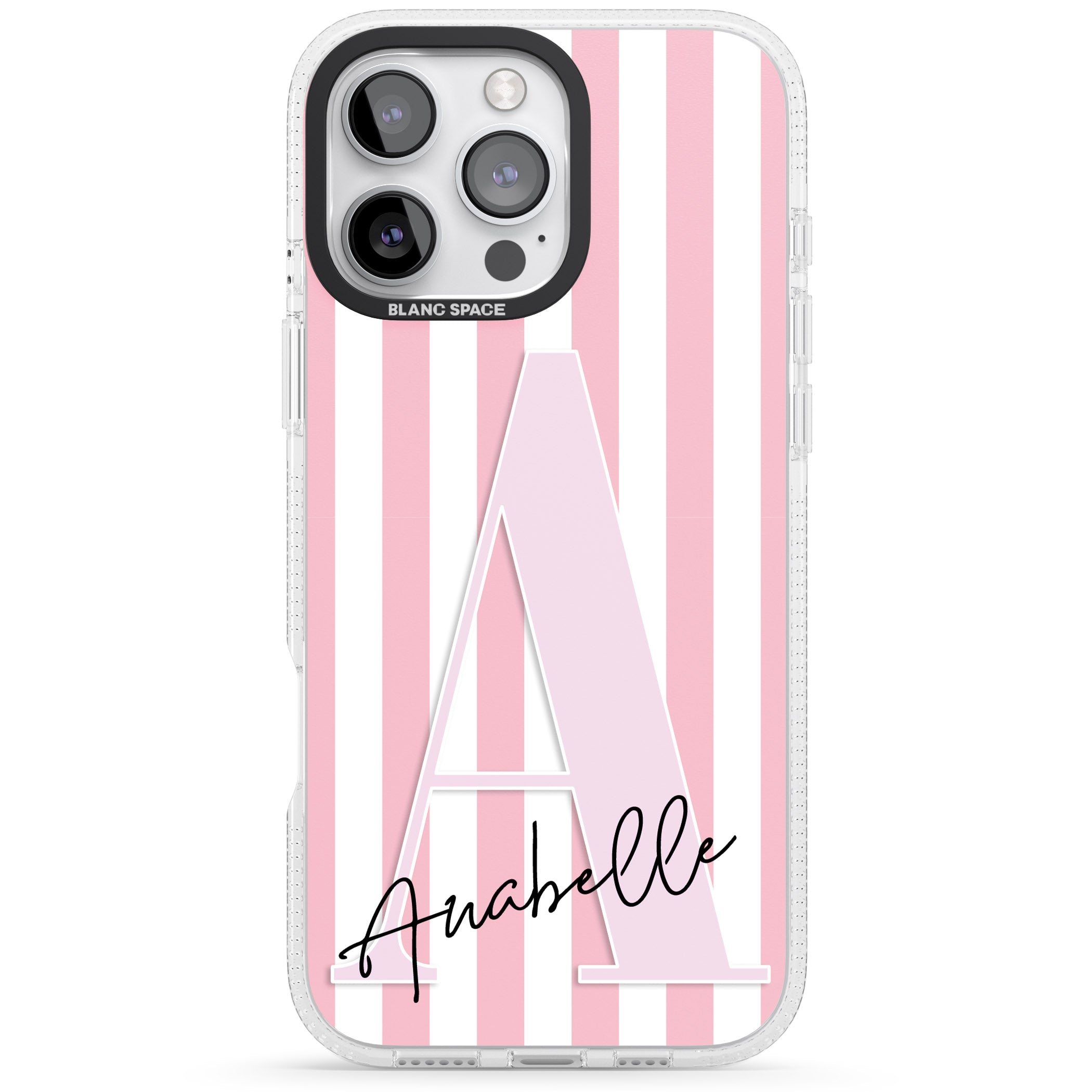 Personalised Pink Stripes & Large Monogram iPhone 16 Pro Max / 16 Pro Clear Case Impact Air - Blanc Space