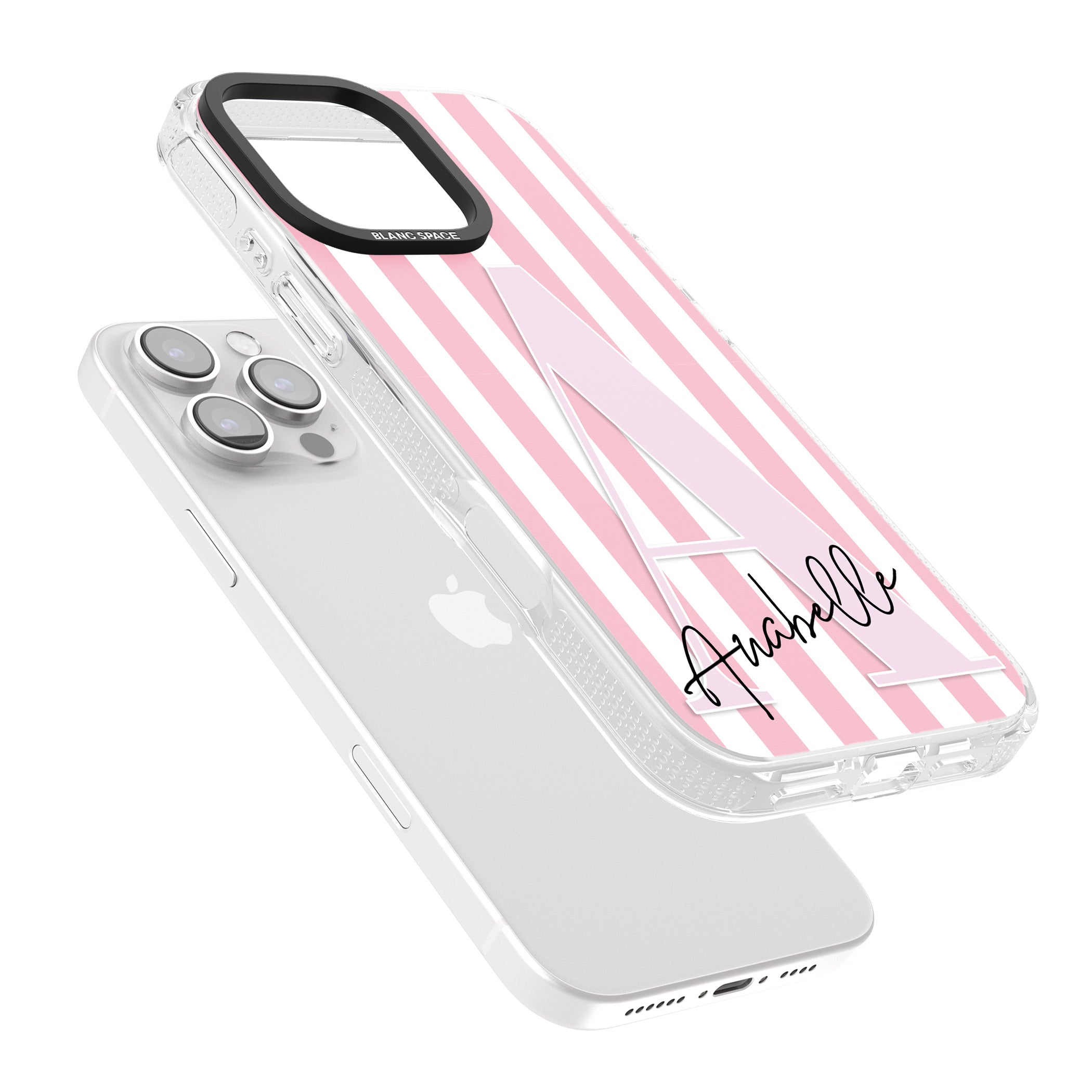 Personalised Pink Stripes & Large Monogram iPhone 16 Pro Max / 16 Pro Clear Case Impact Air - Blanc Space