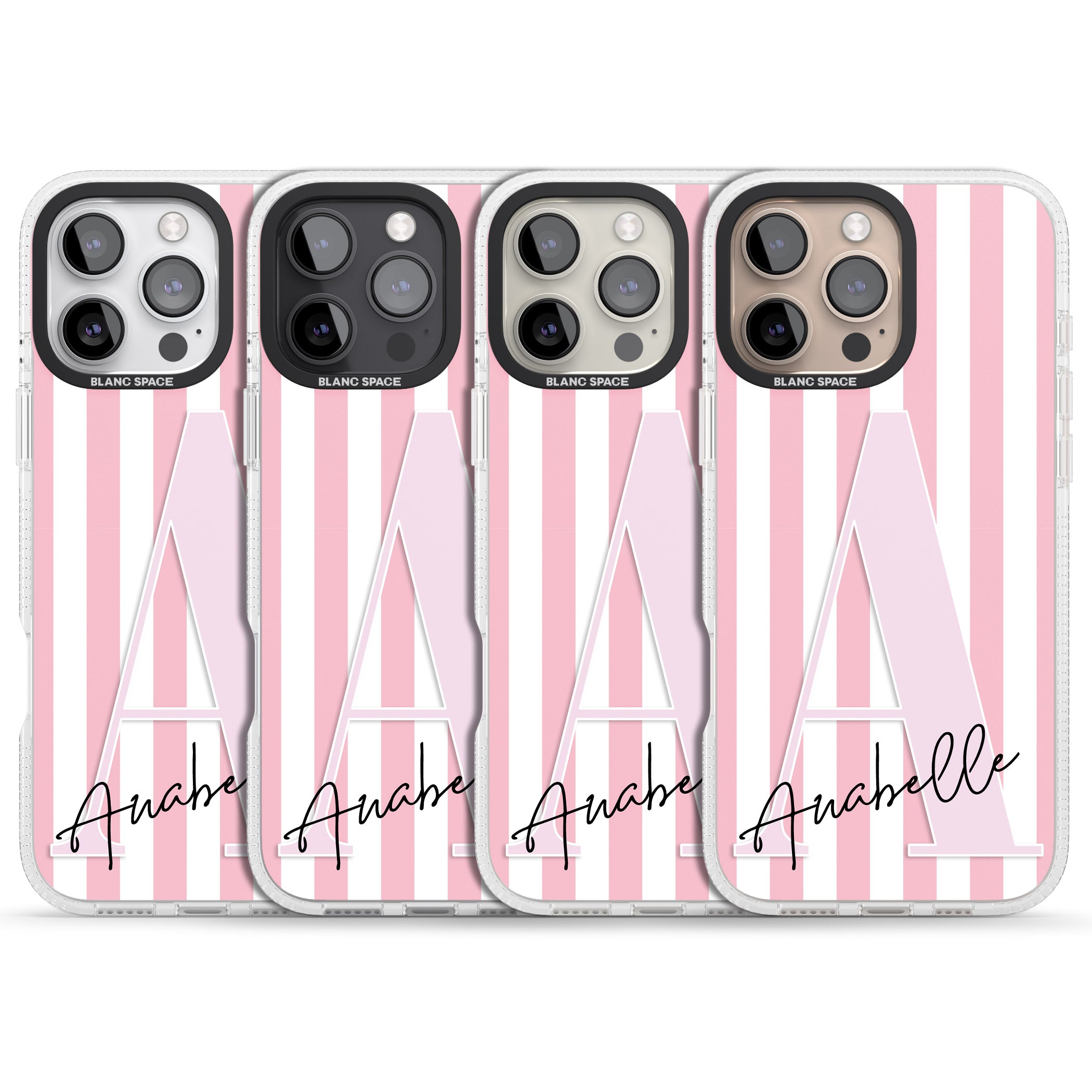 Personalised Pink Stripes & Large Monogram iPhone 16 Pro Max / 16 Pro Clear Case Impact Air - Blanc Space