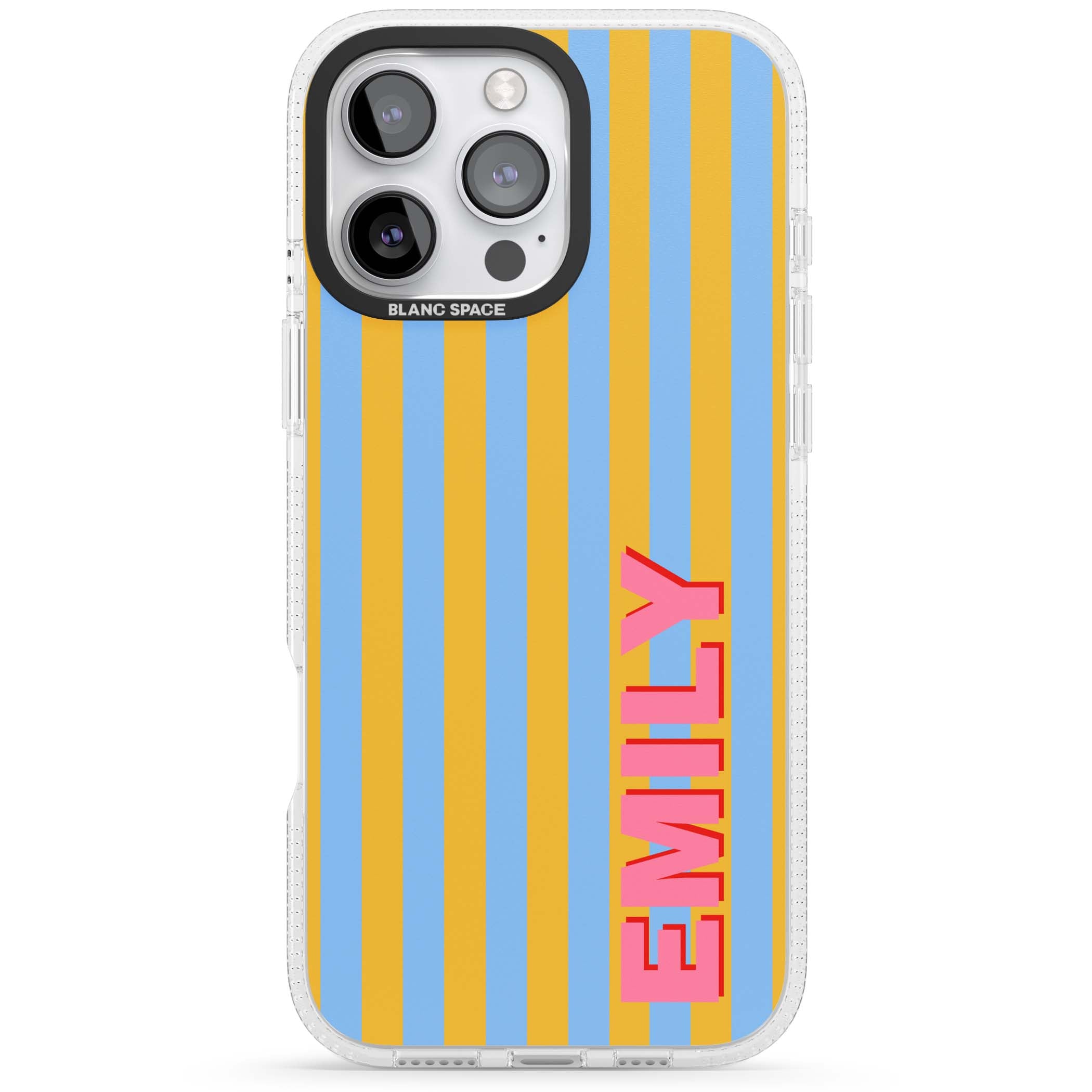 Carribean Stripe personalised coastal iPhone case with yellow and blue vertical stripes and a custom pink name | Clear Case Impact Air case for iPhone 16 Pro, iPhone 16 Pro Max