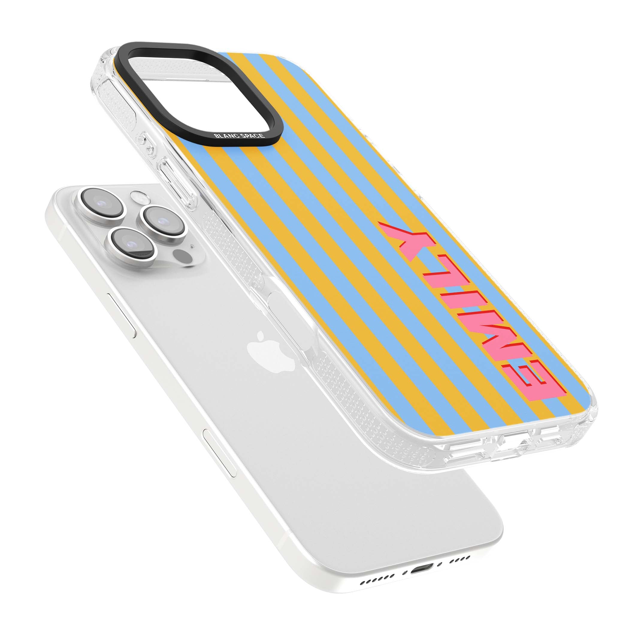 Carribean Stripe personalised coastal iPhone case with yellow and blue vertical stripes and a custom pink name | Clear Case Impact Air case for iPhone 16 Pro, iPhone 16 Pro Max