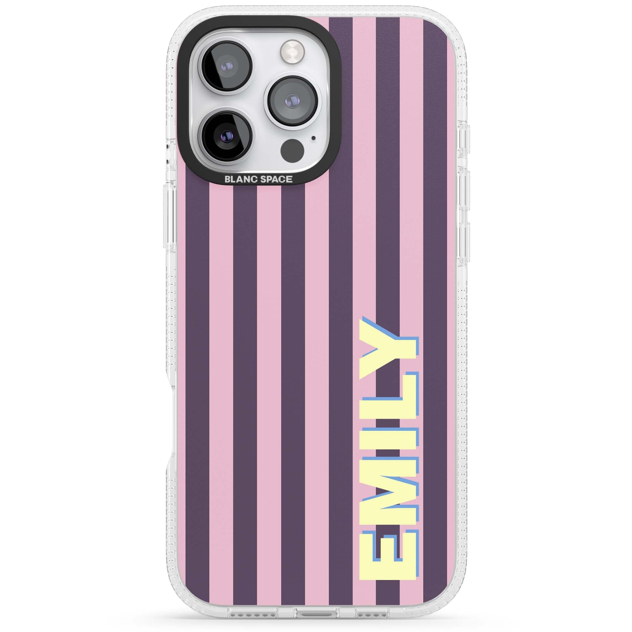 Tyre Stripe personalised stripe iPhone case with plum and pink vertical stripes and custom yellow name | Clear Case Impact Air case for iPhone 16 Pro, iPhone 16 Pro Max