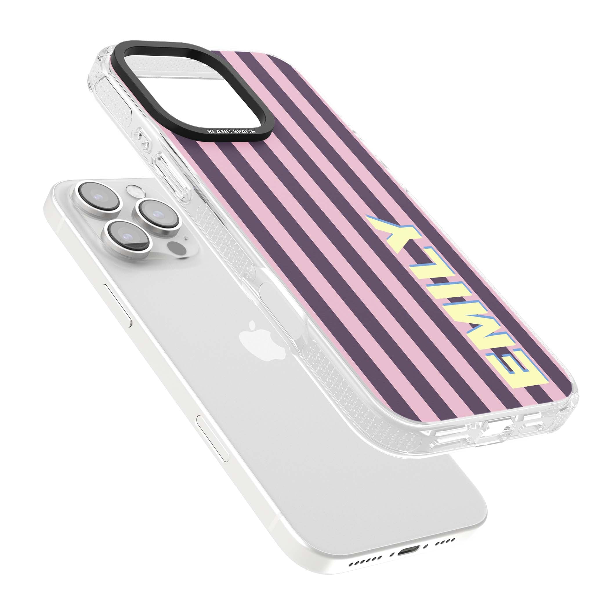 Tyre Stripe personalised stripe iPhone case with plum and pink vertical stripes and custom yellow name | Clear Case Impact Air case for iPhone 16 Pro, iPhone 16 Pro Max